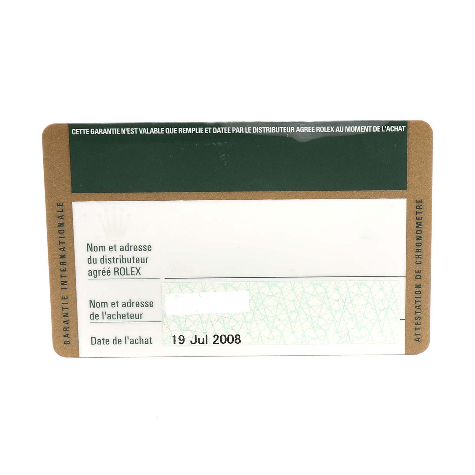 This is a warranty card for the Rolex Explorer 114270 Men
s Stainless Steel Black Dial 114270 Men
s Stainless Steel Black Dial model, dated July 19, 2008.