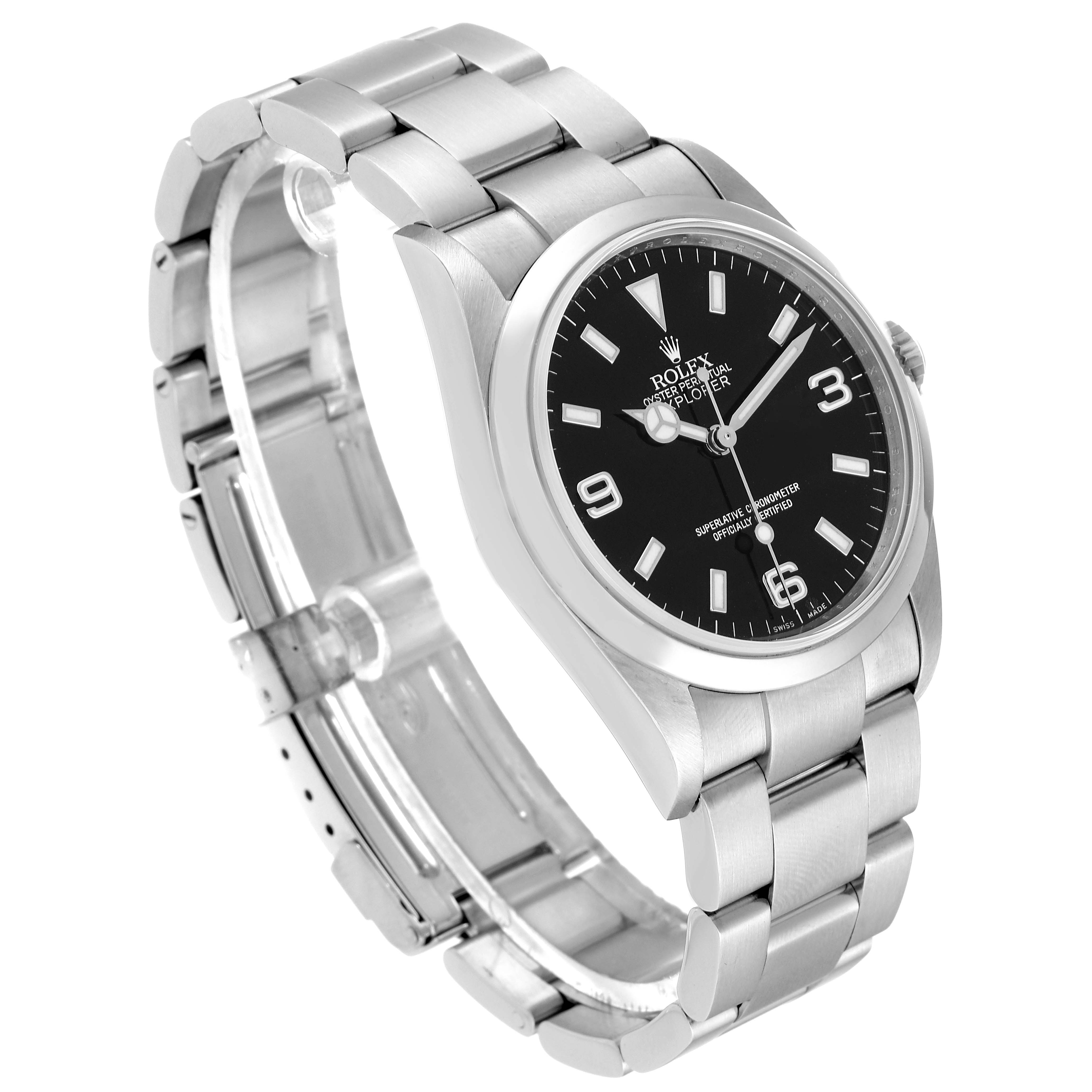 The image displays a Rolex Explorer 114270 Men
s Stainless Steel Black Dial 114270 Men
s Stainless Steel Black Dial watch from a side angle, showing its black dial, stainless steel case, and bracelet.