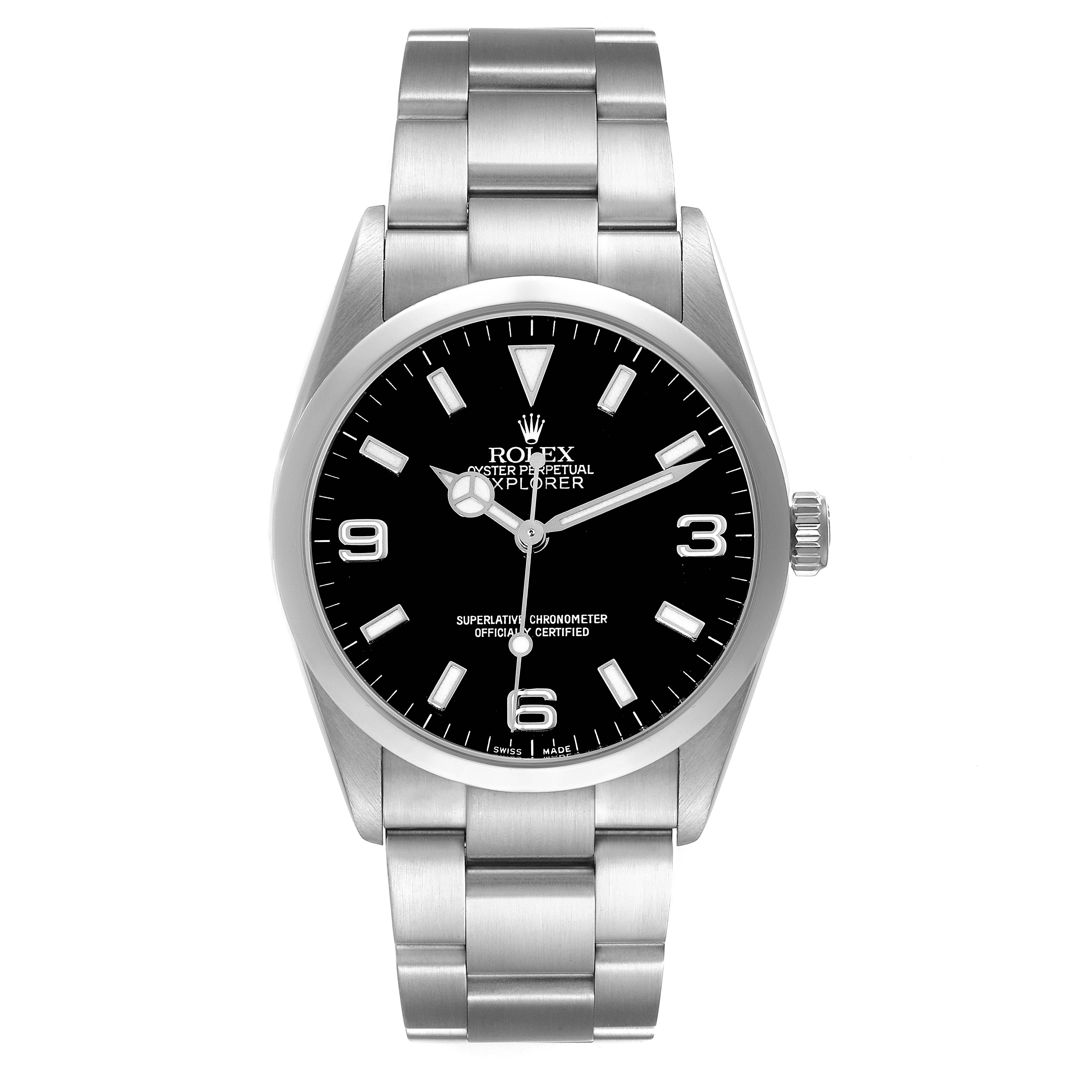 This image shows a front view of the Rolex Explorer 114270 Men
s Stainless Steel Black Dial 114270 Men
s Stainless Steel Black Dial watch, highlighting the dial, bezel, crown, and bracelet.