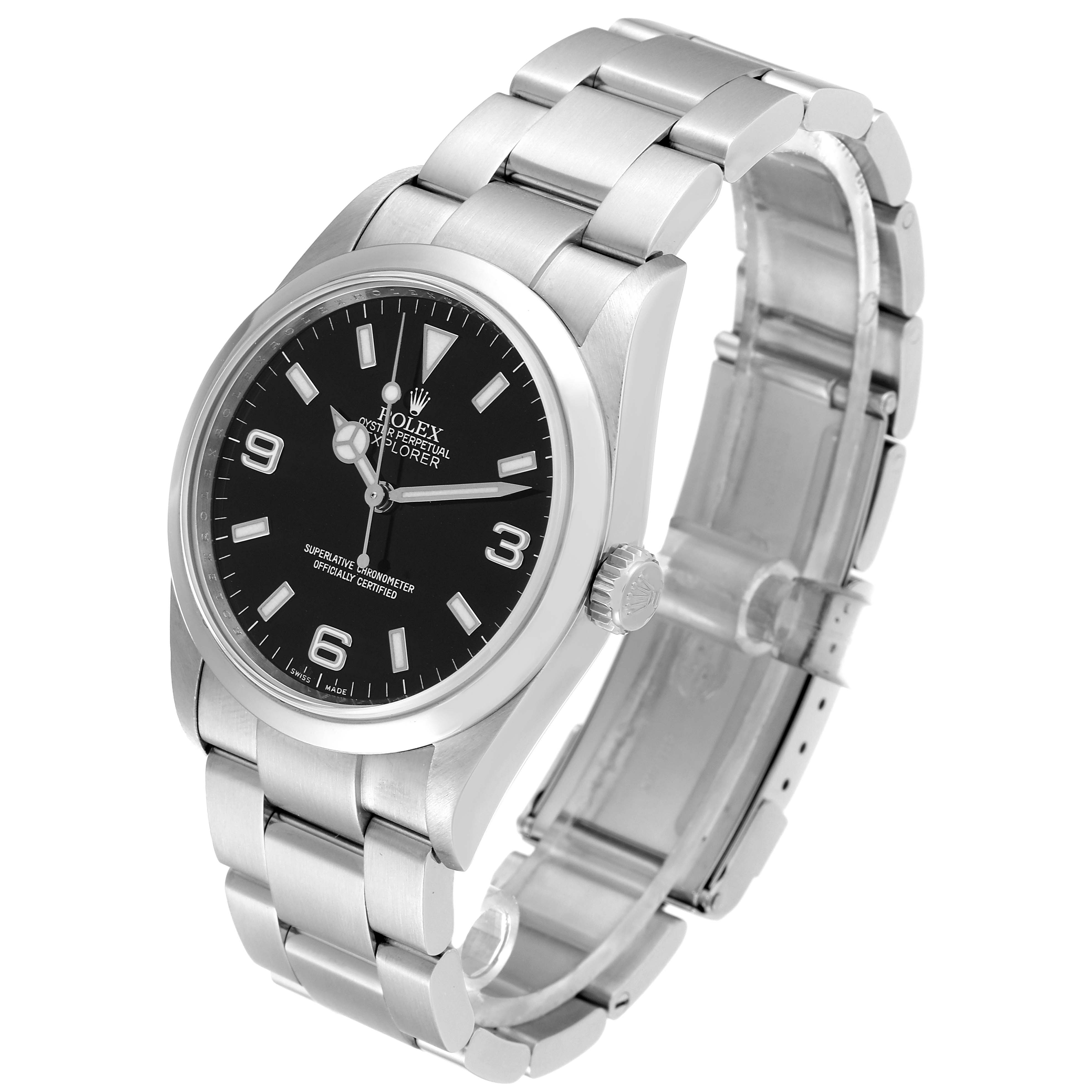 The Rolex Explorer 114270 Men
s Stainless Steel Black Dial 114270 Men
s Stainless Steel Black Dial watch is shown at an angle highlighting the face, crown, and partially open metal bracelet.