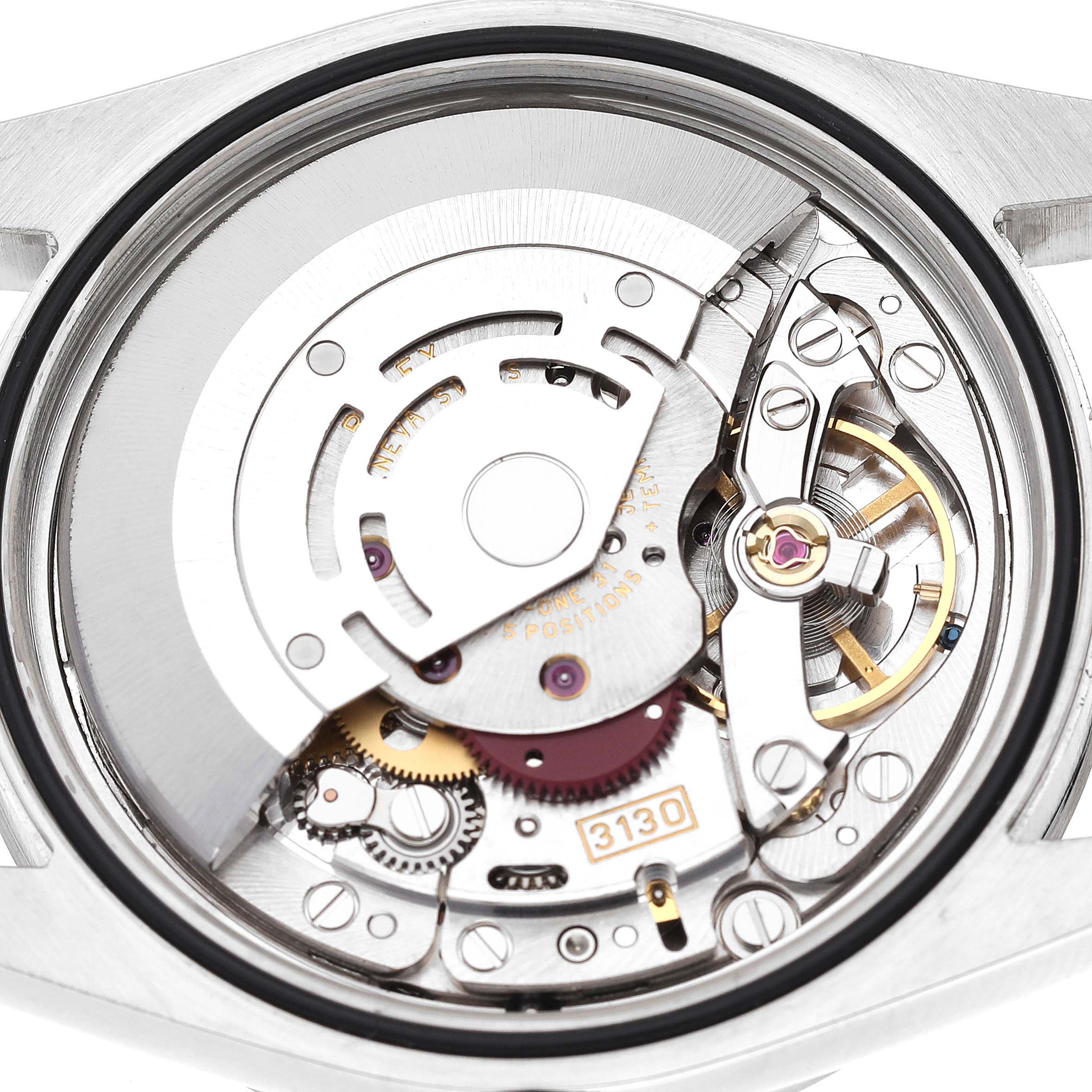 This is a close-up view of the internal mechanism of a Rolex Explorer 114270 Men
s Stainless Steel Black Dial 114270 Men
s Stainless Steel Black Dial watch, displaying its intricate components.