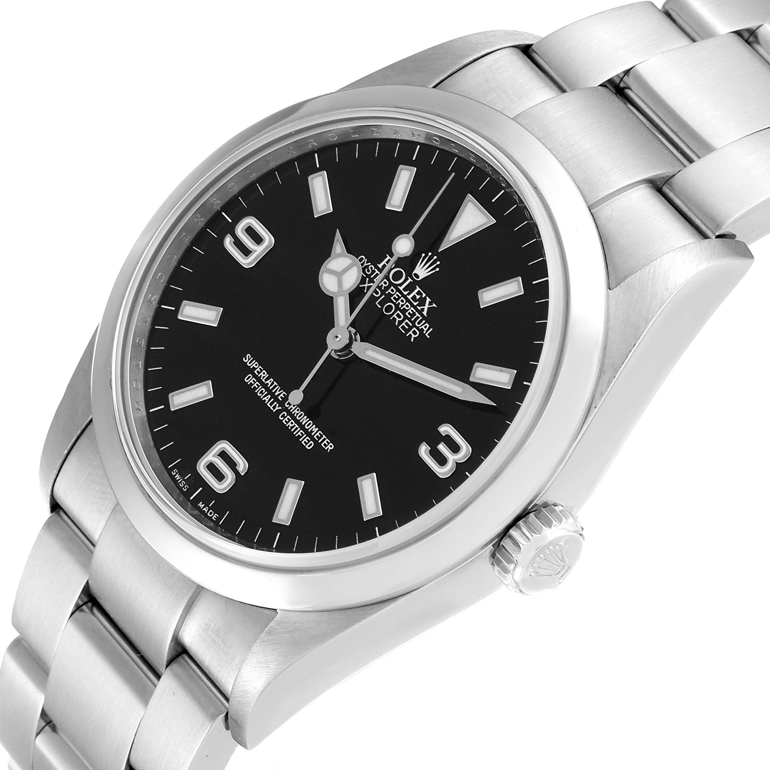 The image shows a close-up view of the Rolex Explorer 114270 Men
s Stainless Steel Black Dial 114270 Men
s Stainless Steel Black Dial watch face, crown, and part of the bracelet.