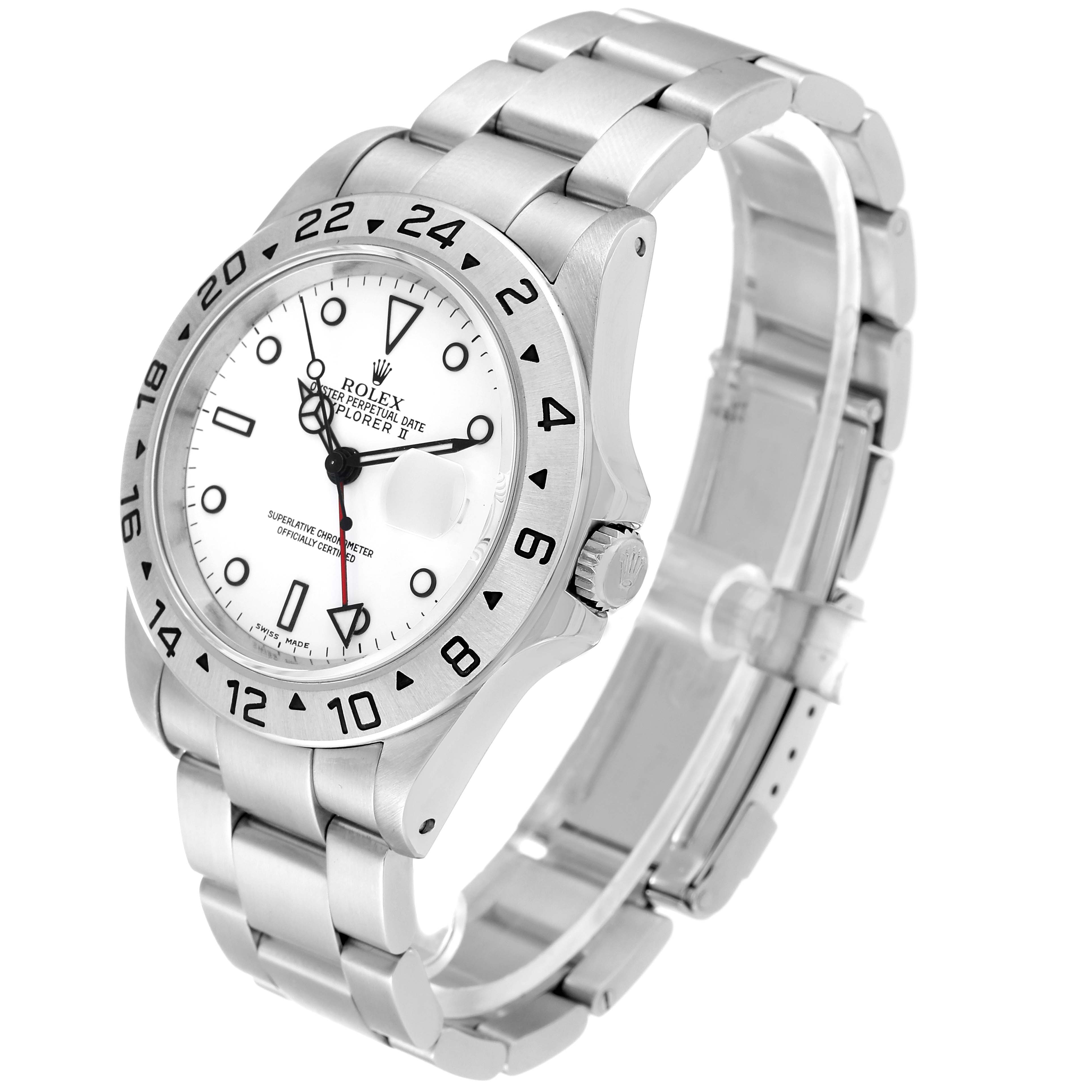 The image shows a Rolex Explorer 16570 Men
s Stainless Steel White Dial 16570 Men
s Stainless Steel White Dial with a stainless steel bracelet, white dial, and 24-hour bezel, viewed from an angle showcasing the front and side.