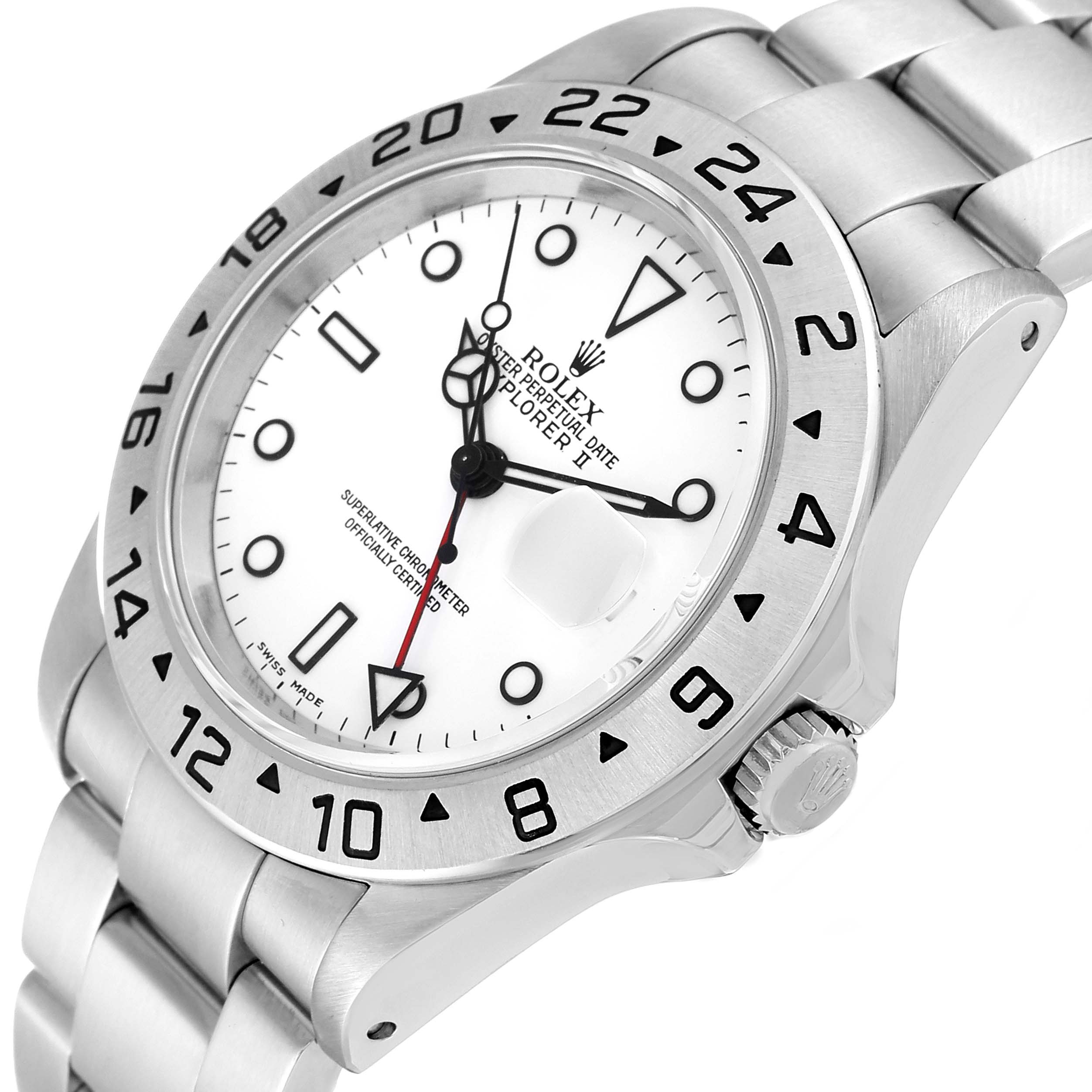 The image shows a Rolex Explorer 16570 Men
s Stainless Steel White Dial 16570 Men
s Stainless Steel White Dial watch from an angled perspective, highlighting its white dial, bezel, crown, and metal bracelet.