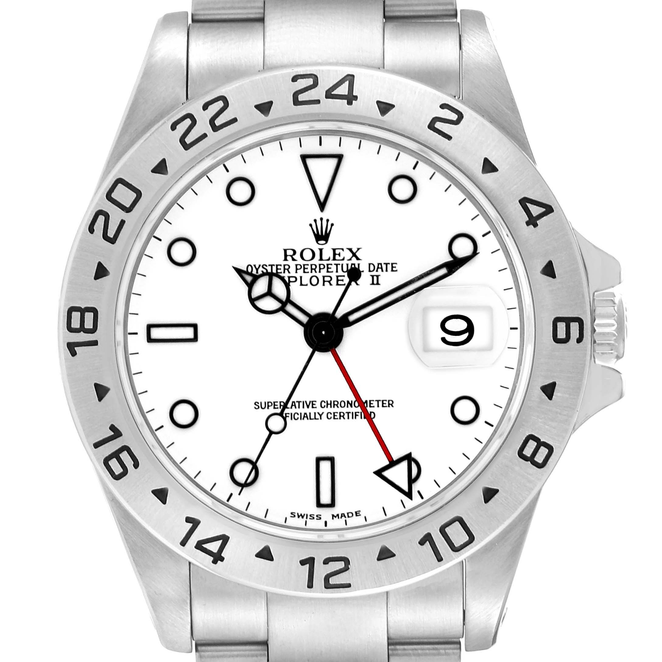 This Rolex Explorer 16570 Men
s Stainless Steel White Dial 16570 Men
s Stainless Steel White Dial watch is shown from a front angle, displaying the dial, bezel, and bracelet.