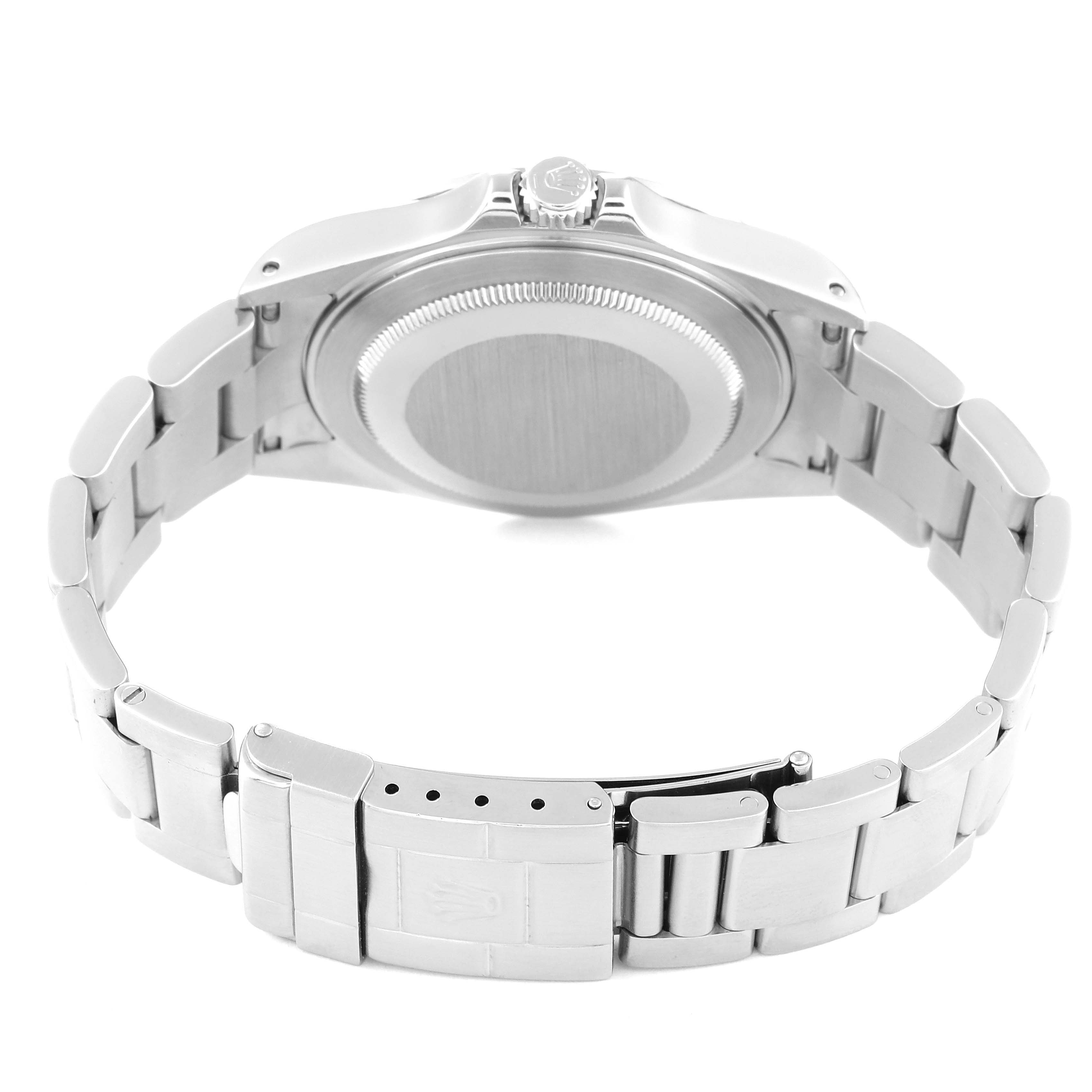 The image shows the back case and bracelet of a Rolex Explorer 16570 Men
s Stainless Steel White Dial 16570 Men
s Stainless Steel White Dial watch from a rear angle.