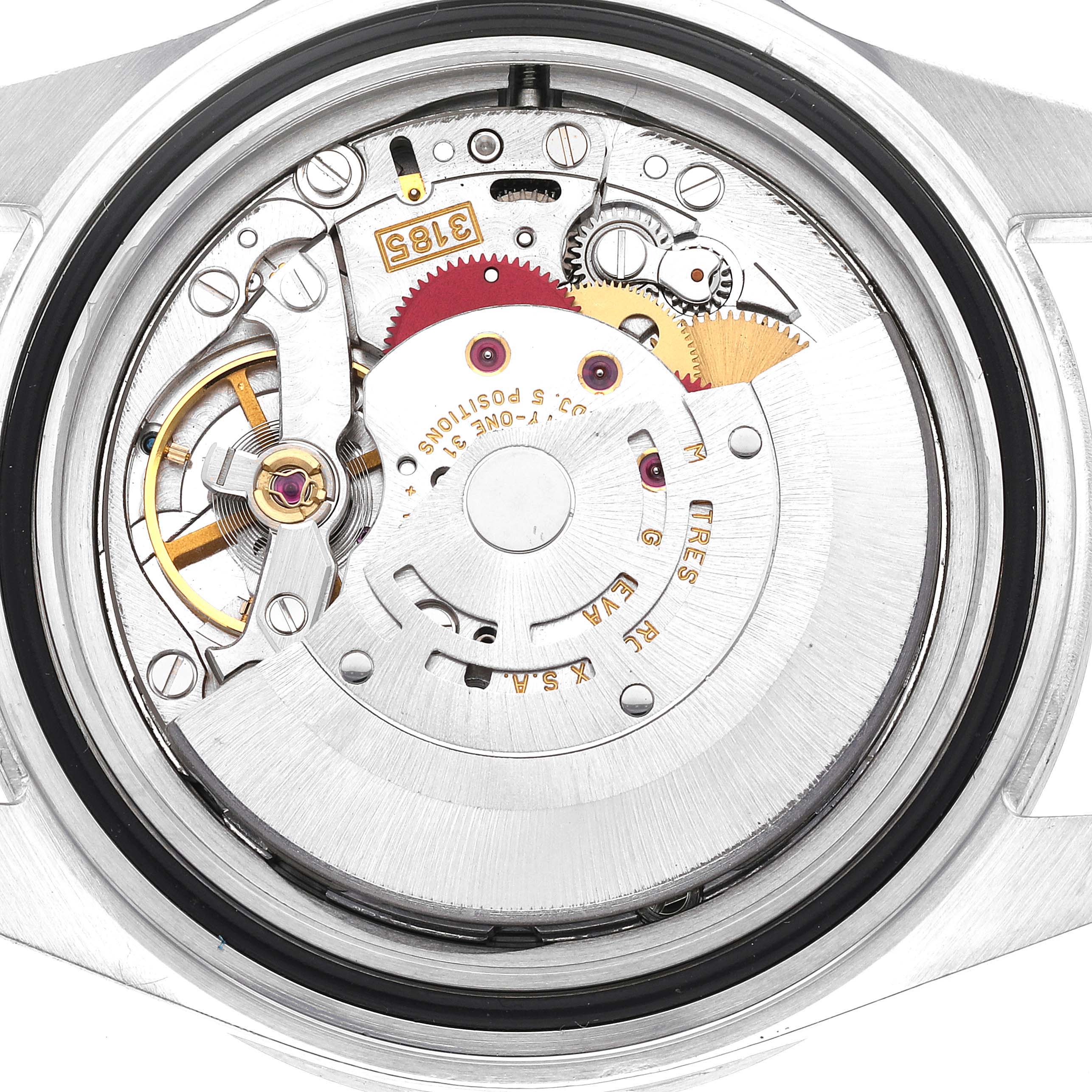 This is a detailed view of the Rolex Explorer 16570 Men
s Stainless Steel White Dial 16570 Men
s Stainless Steel White Dial model
s internal movement mechanism.