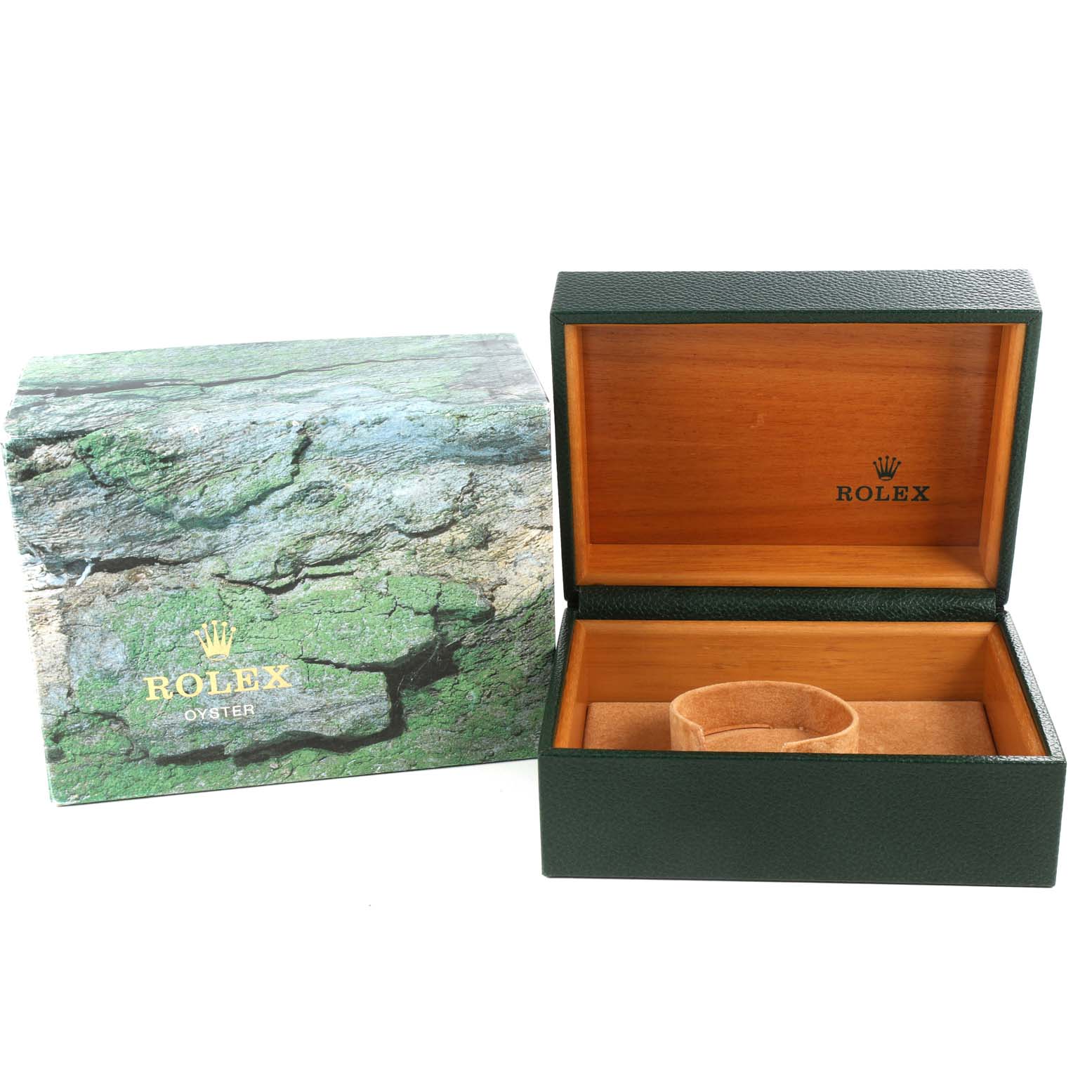 This image shows the wooden interior and exterior box packaging of the Rolex Explorer 16570 Men
s Stainless Steel White Dial 16570 Men
s Stainless Steel White Dial model.