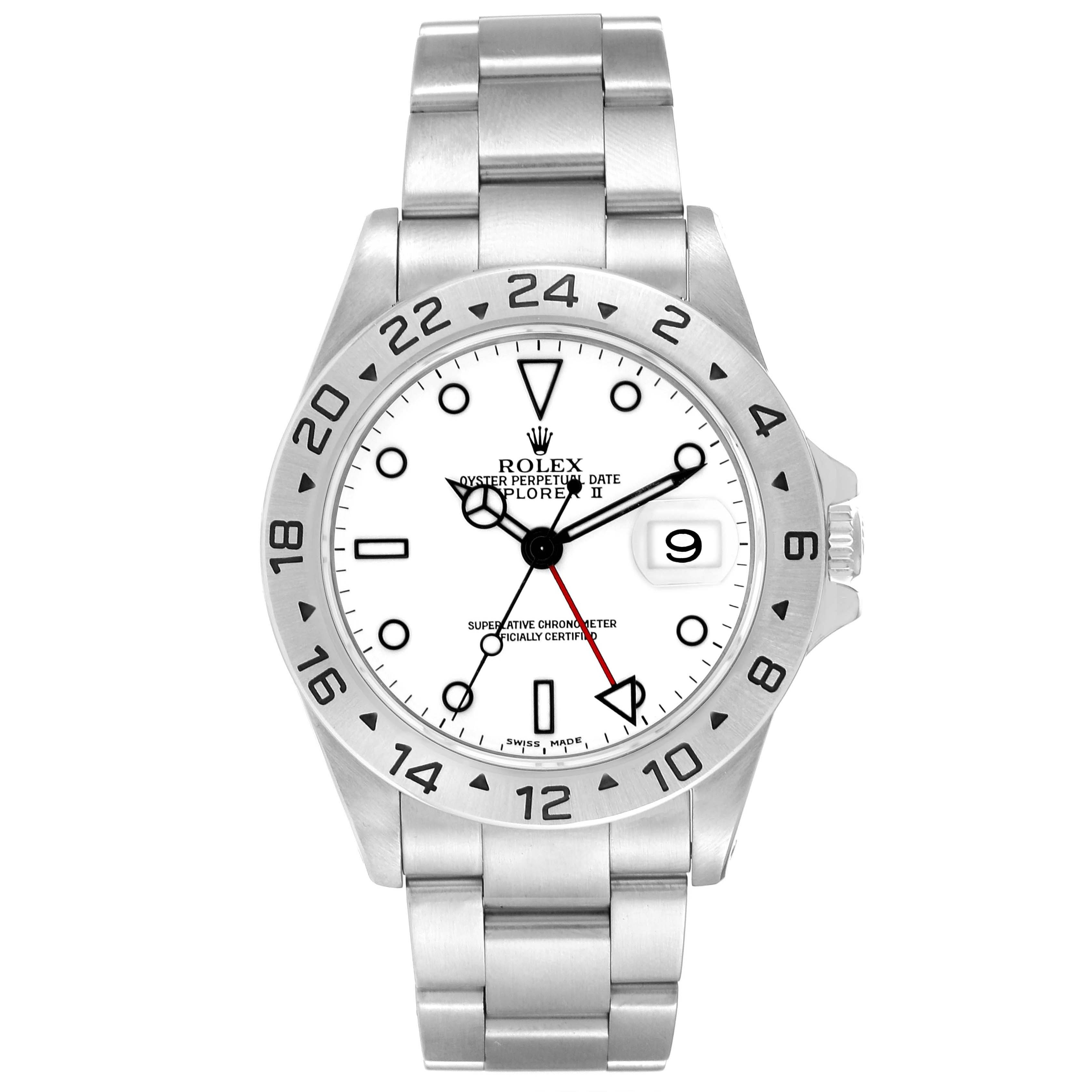 This image shows a front view of a Rolex Explorer 16570 Men
s Stainless Steel White Dial 16570 Men
s Stainless Steel White Dial watch, displaying the dial, bezel, and part of the bracelet.