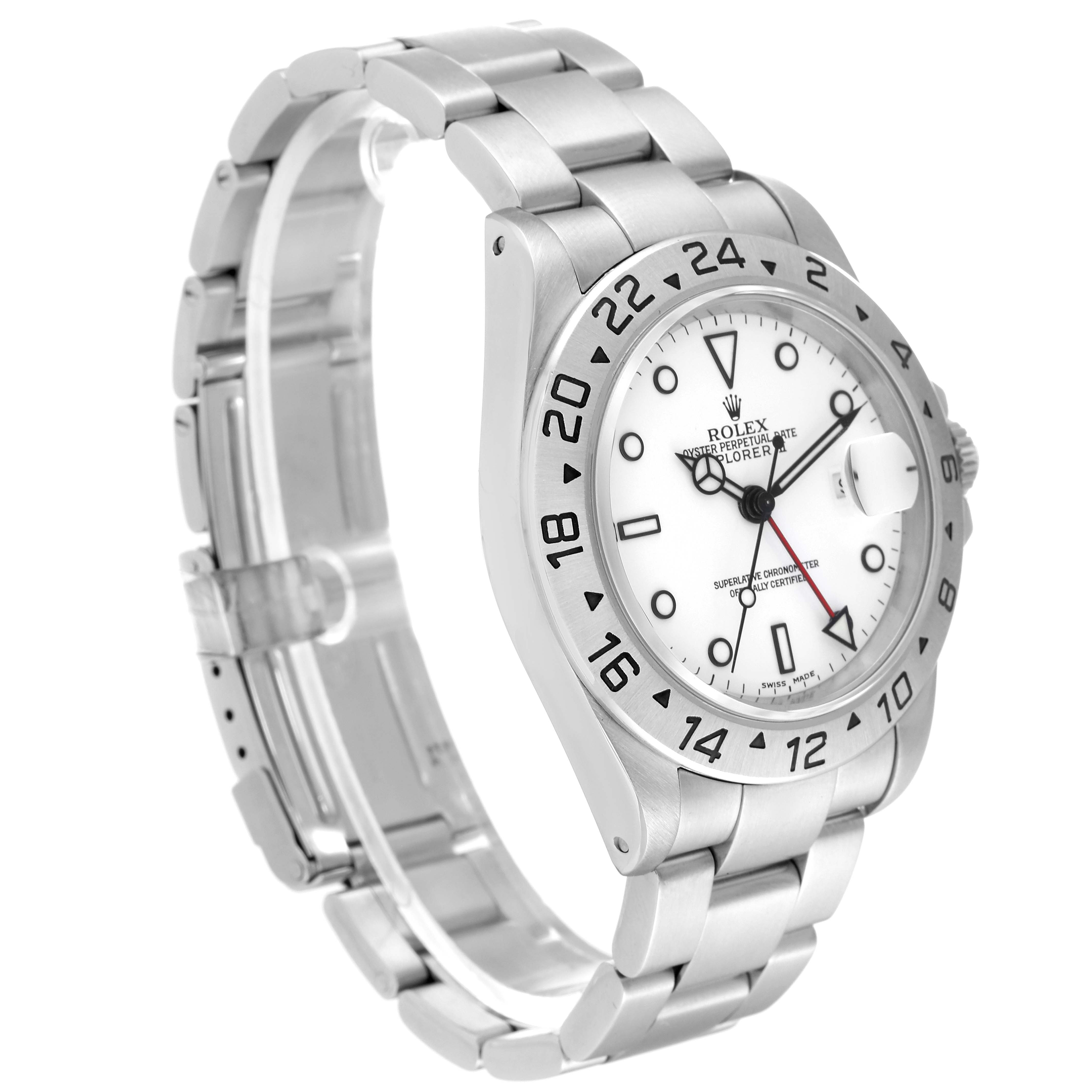 The image shows a side angle of the Rolex Explorer 16570 Men
s Stainless Steel White Dial 16570 Men
s Stainless Steel White Dial watch, highlighting its stainless steel bracelet and white dial with a date window.