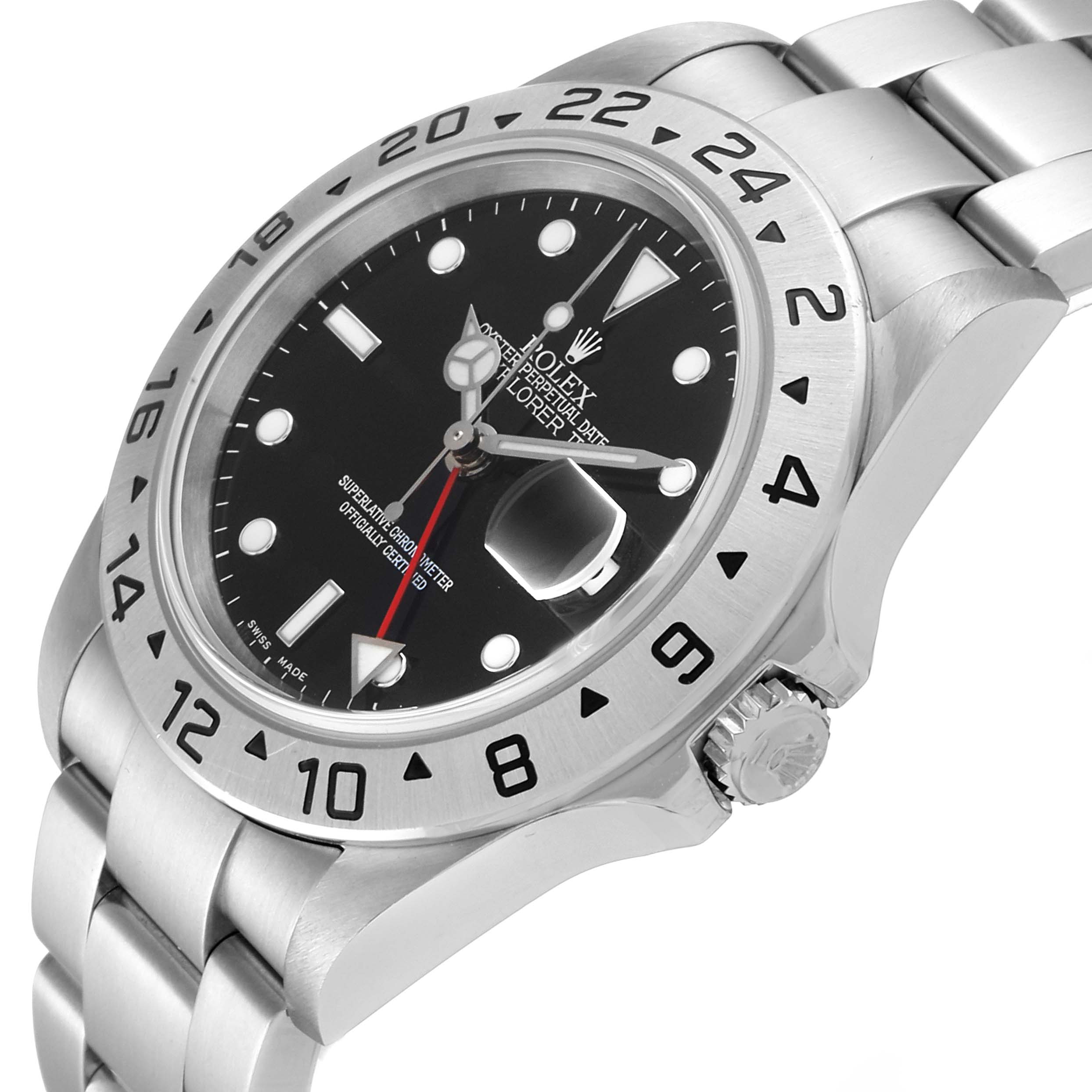 The image shows the Rolex Explorer 16570 Men
s Stainless Steel Black Dial 16570 Men
s Stainless Steel Black Dial watch at a slight angle, highlighting its black dial, bezel, crown, bracelet, and 24-hour indicators.