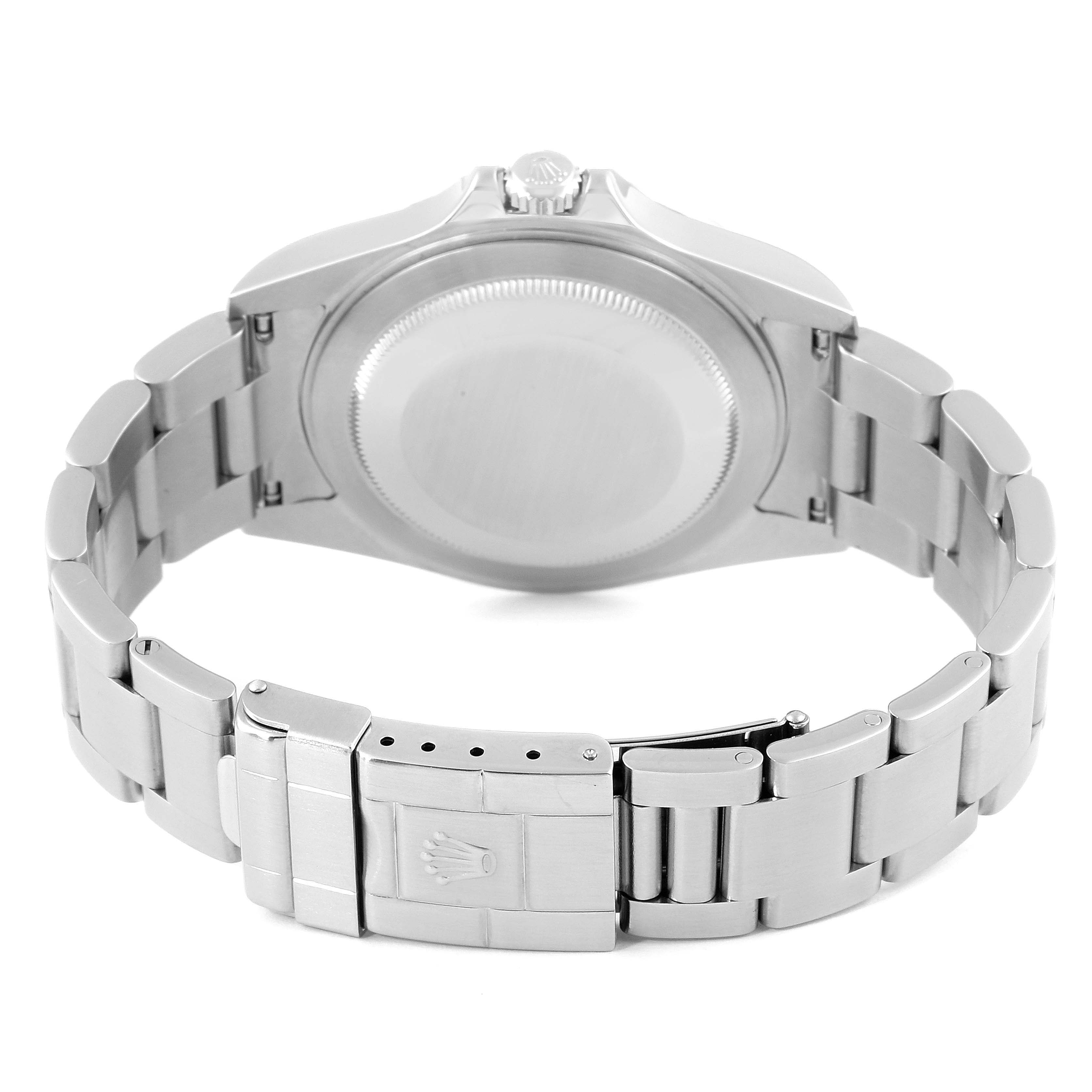 The image shows the back view of a Rolex Explorer 16570 Men
s Stainless Steel Black Dial 16570 Men
s Stainless Steel Black Dial watch, highlighting the case back and bracelet clasp.