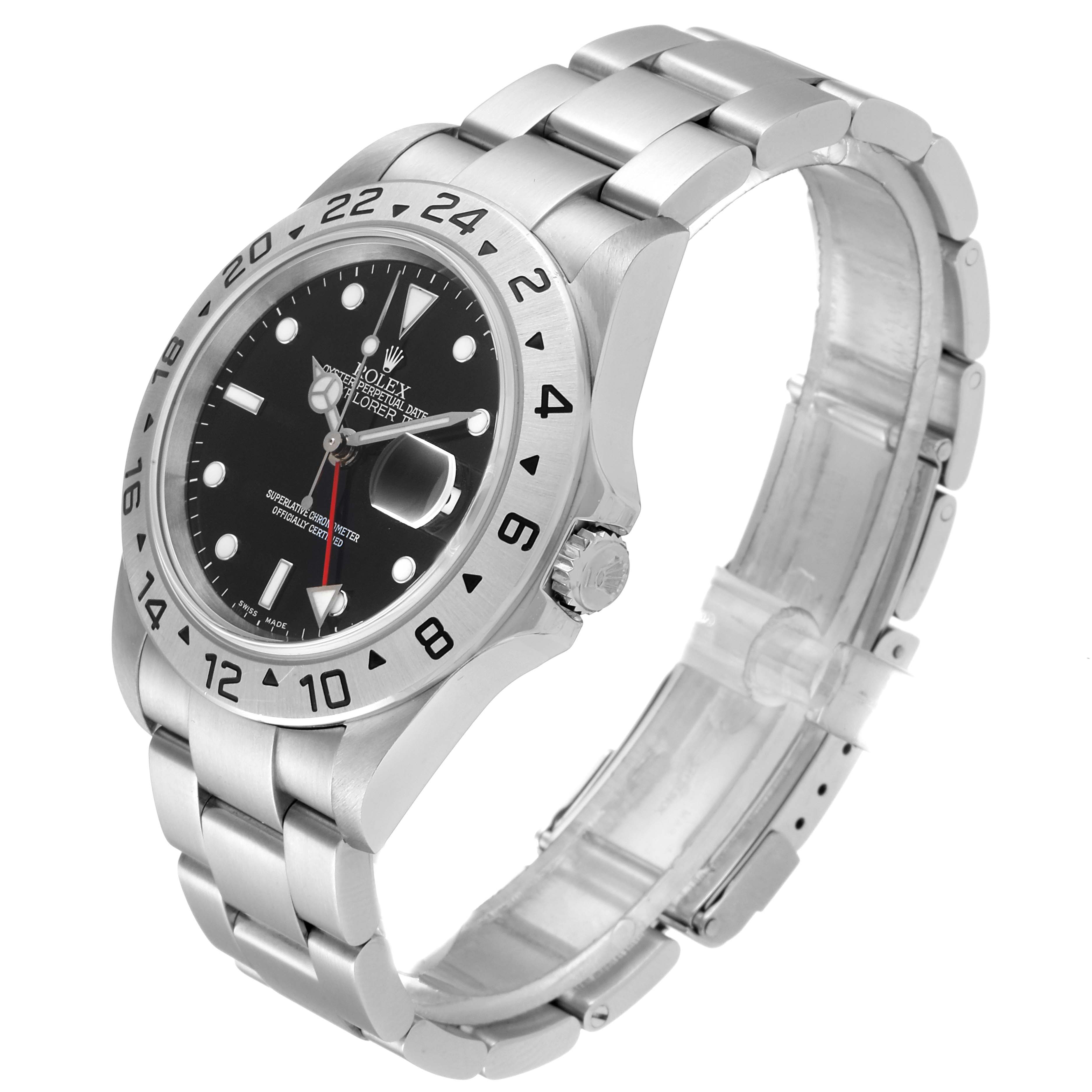 The image shows a Rolex Explorer 16570 Men
s Stainless Steel Black Dial 16570 Men
s Stainless Steel Black Dial watch at an angle, highlighting its bezel, dial, crown, and stainless steel bracelet.