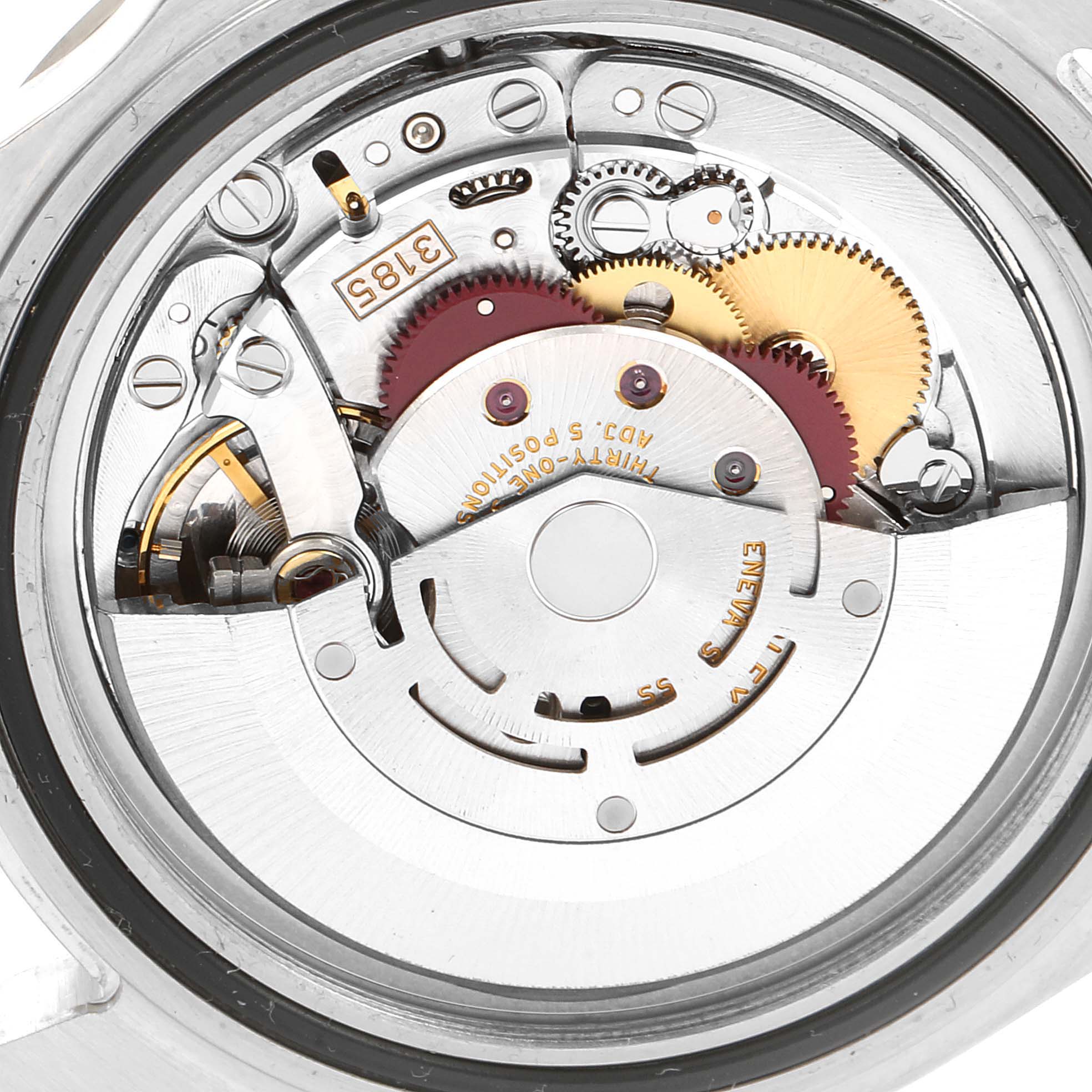 The image shows a close-up of the movement mechanism inside the Rolex Explorer 16570 Men
s Stainless Steel Black Dial 16570 Men
s Stainless Steel Black Dial model watch.