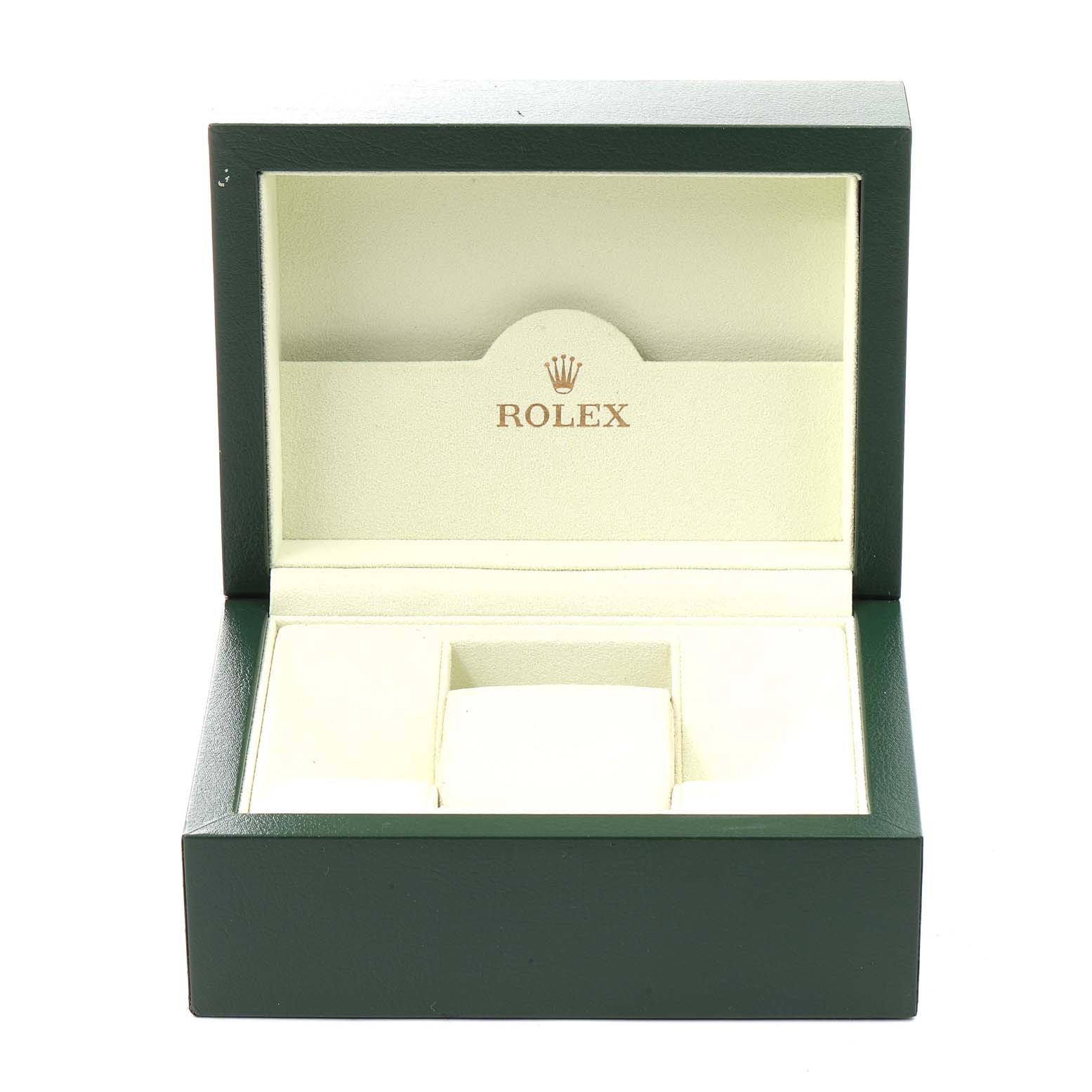 This is an open Rolex watch box for the Explorer model, showing the interior with a cushion for the watch.