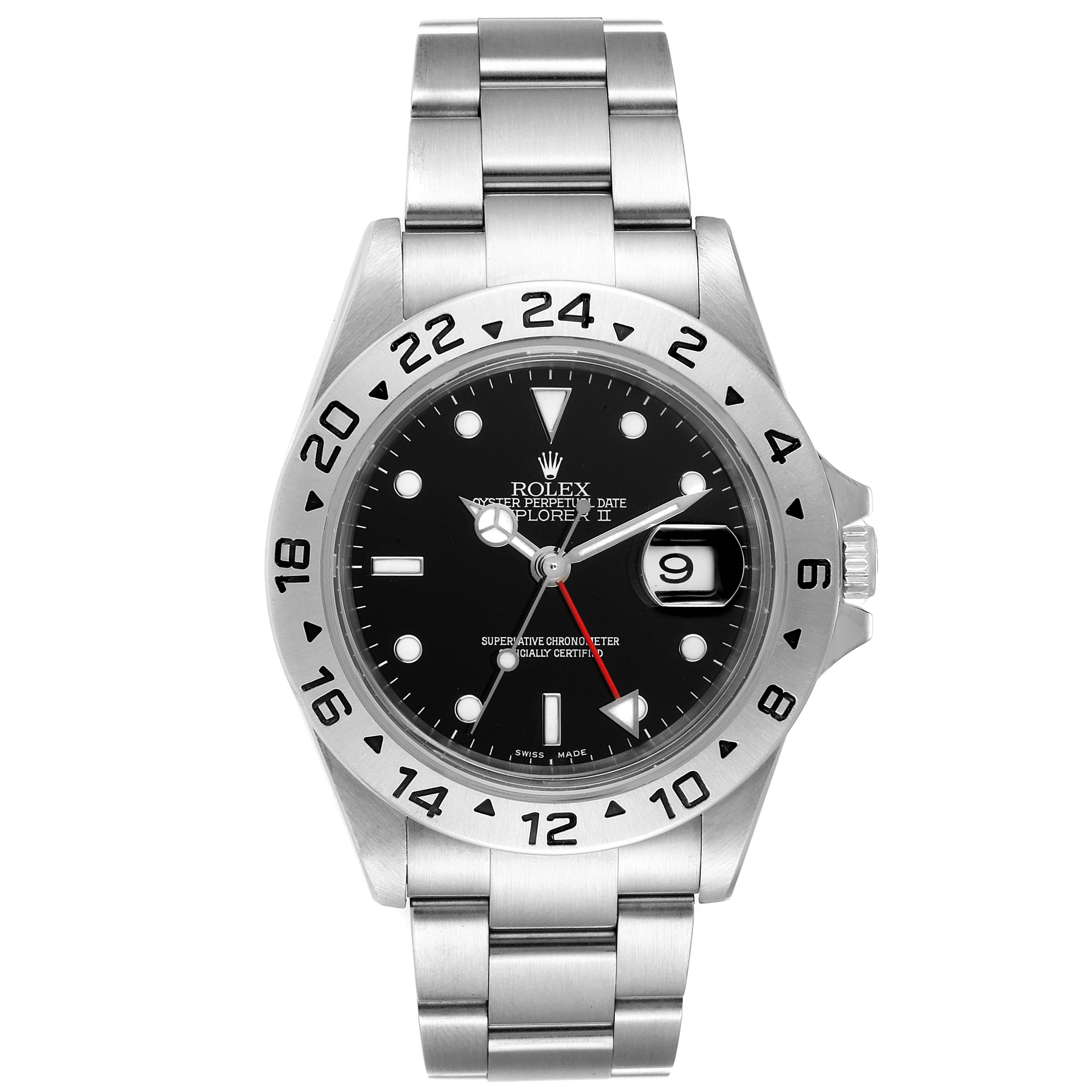 The image shows a front view of the Rolex Explorer 16570 Men
s Stainless Steel Black Dial 16570 Men
s Stainless Steel Black Dial watch, highlighting its black dial, date display, and stainless steel bracelet.