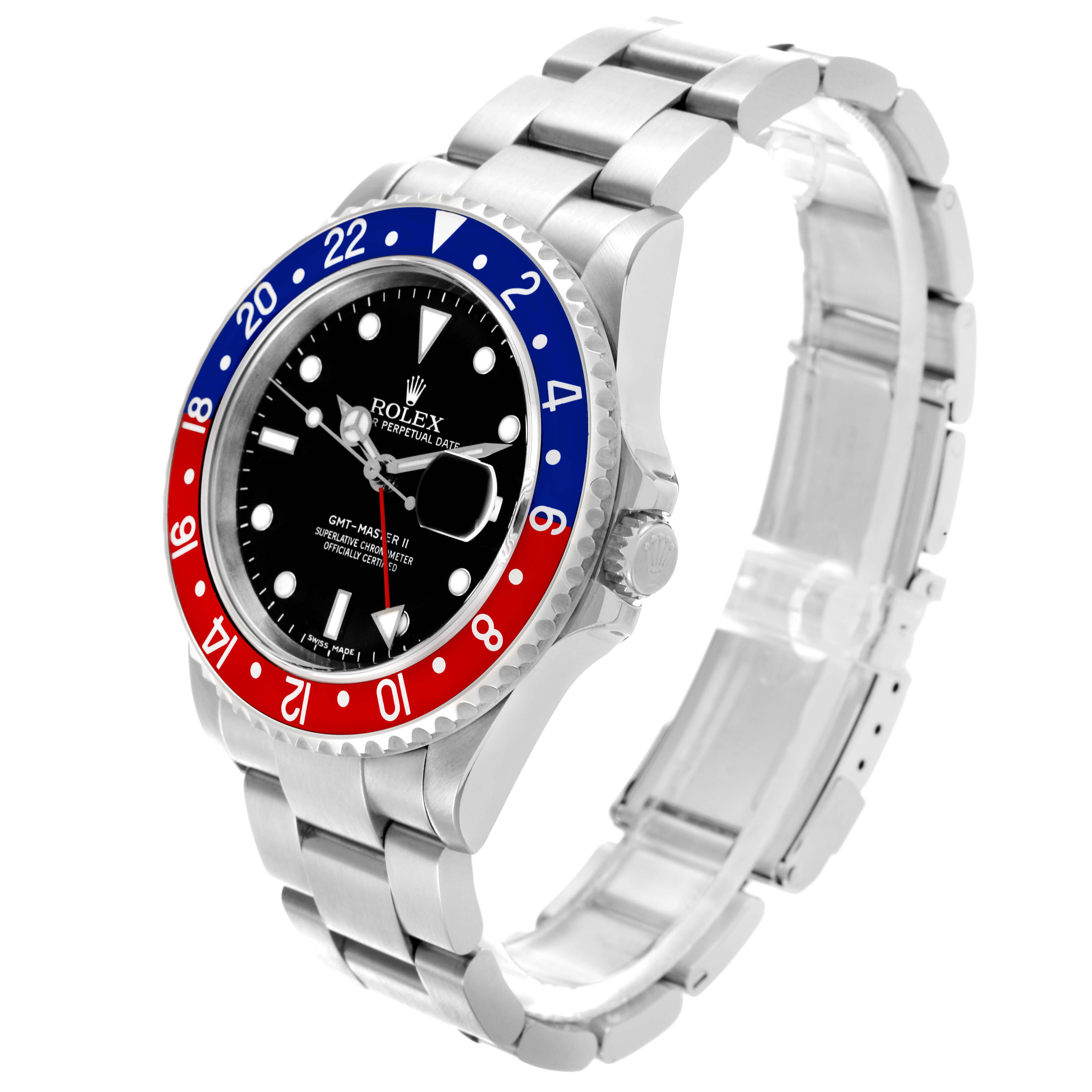 The Rolex GMT-Master 16710 Men's Stainless Steel Black Dial 16710 Men's Stainless Steel Black Dial watch is shown at an angled view, highlighting the bezel, dial, and bracelet.