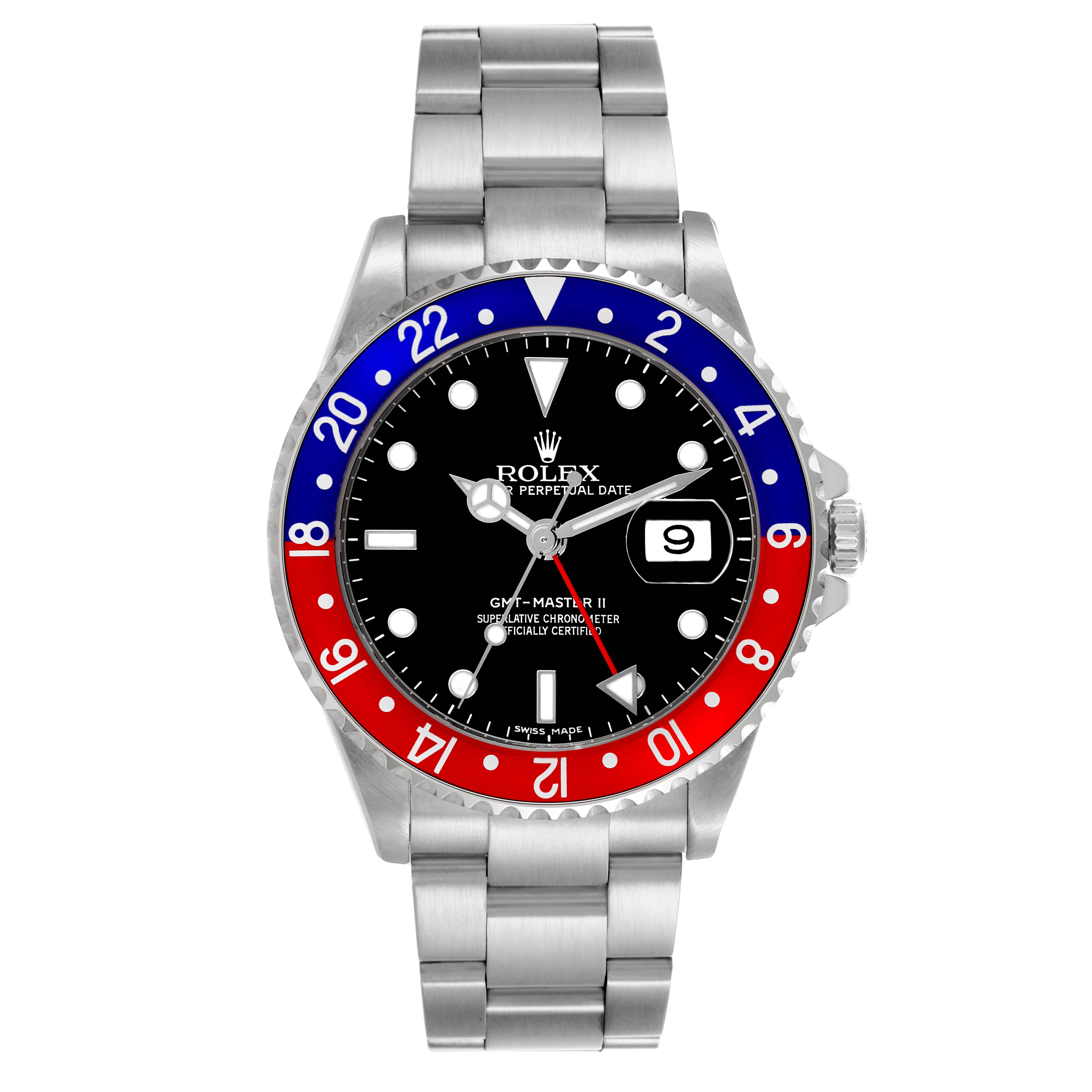 The image shows a front view of the Rolex GMT-Master 16710 Men's Stainless Steel Black Dial 16710 Men's Stainless Steel Black Dial watch, displaying the bezel, dial, hands, and bracelet.