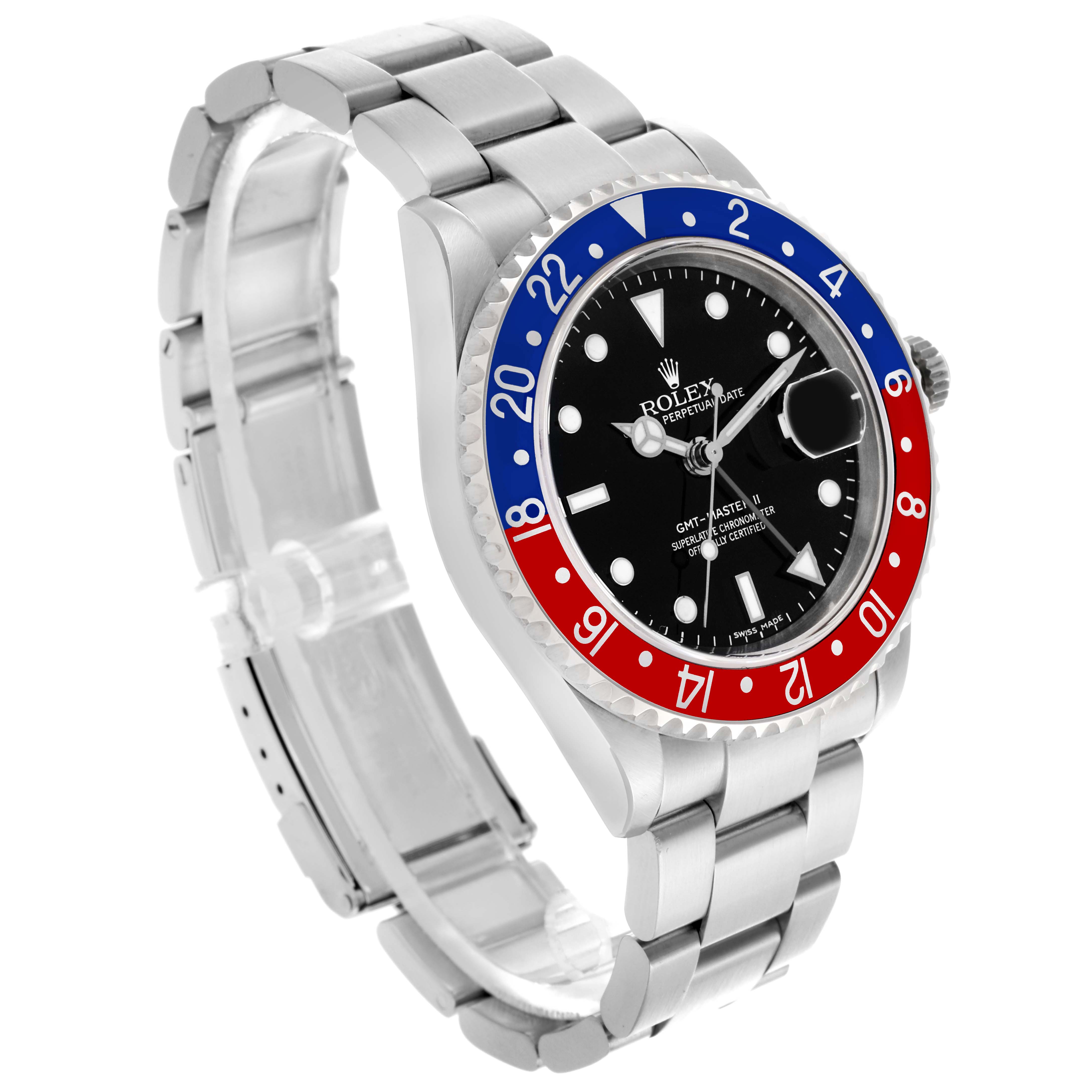 The Rolex GMT-Master 16710 Men's Stainless Steel Black Dial 16710 Men's Stainless Steel Black Dial watch is shown at a slight angle, highlighting the face, bezel, and bracelet.