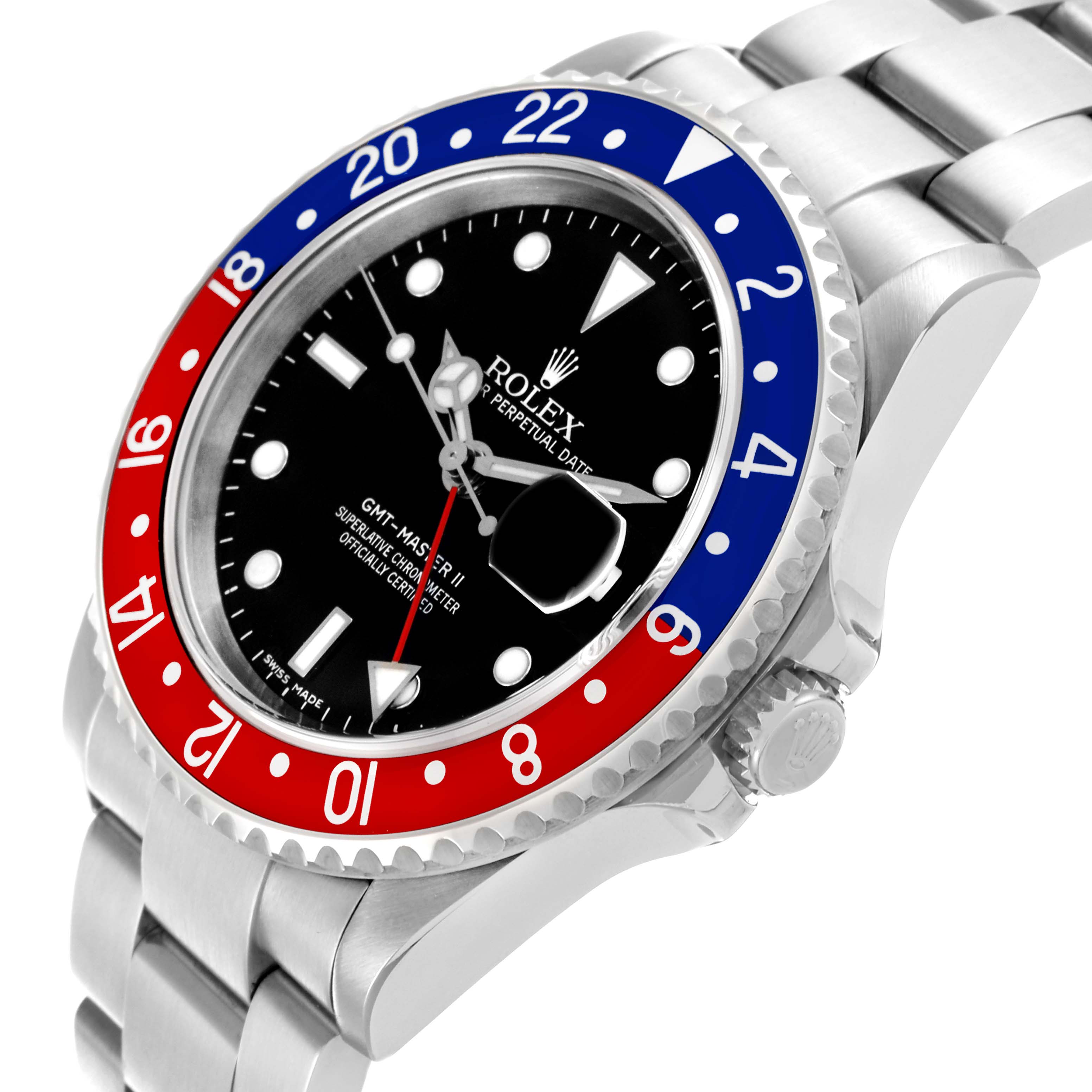 The Rolex GMT-Master 16710 Men's Stainless Steel Black Dial 16710 Men's Stainless Steel Black Dial watch is shown at a slight angle featuring the bezel, crown, and bracelet prominently.