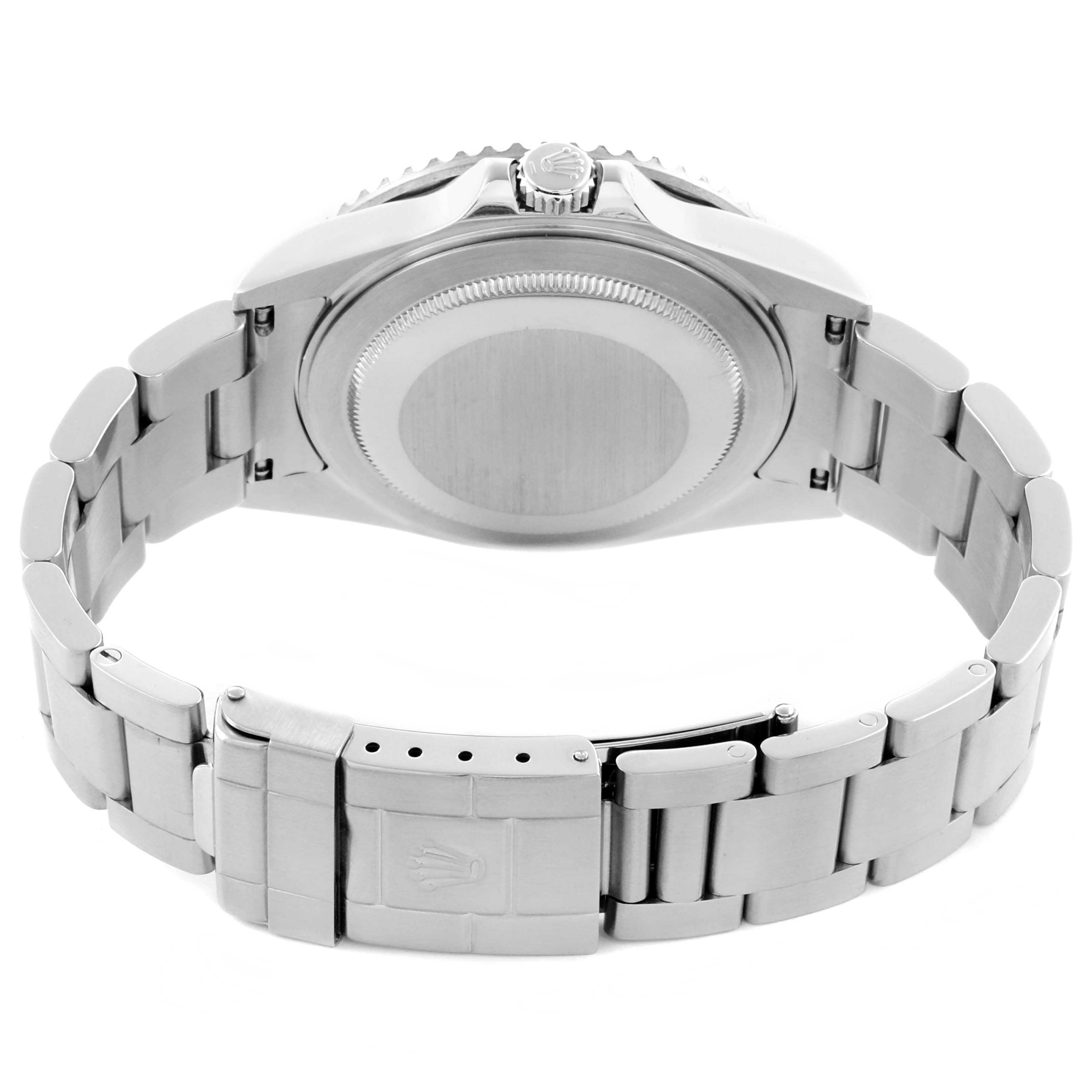 The image shows the back of a Rolex GMT-Master 16710 Men's Stainless Steel Black Dial 16710 Men's Stainless Steel Black Dial watch, focusing on the case back and stainless steel bracelet with the clasp visible.