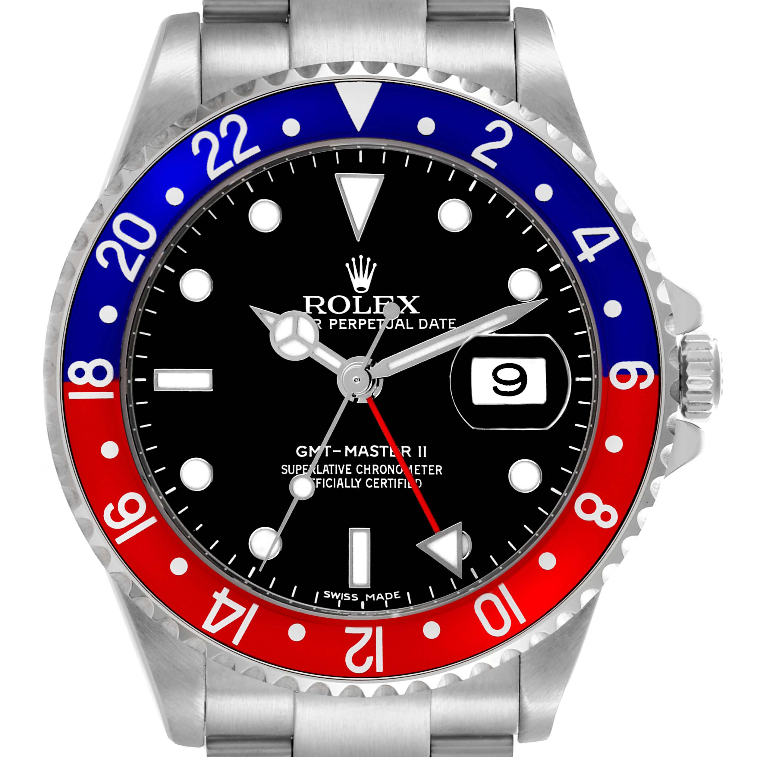 The Rolex GMT-Master 16710 Men's Stainless Steel Black Dial 16710 Men's Stainless Steel Black Dial watch is shown from the front, highlighting its bezel, dial, hands, and date feature.