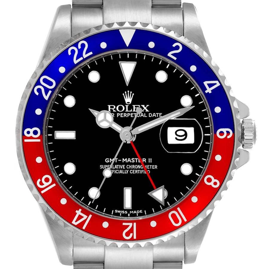 The Rolex GMT-Master watch is shown from the front, highlighting its bezel, dial, hands, and date feature.