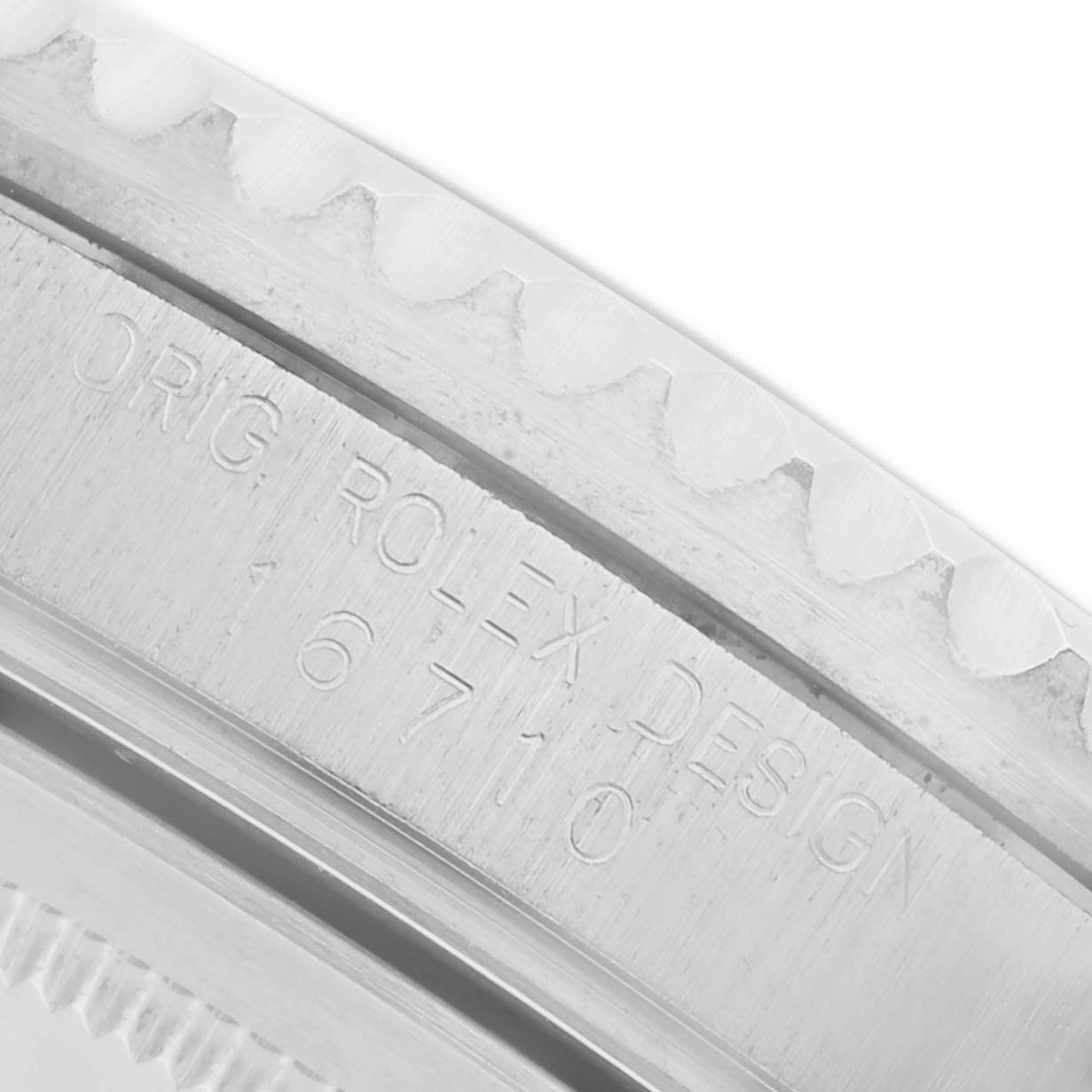 The image shows the side engraving on the case of a Rolex GMT-Master 16710 Men's Stainless Steel Black Dial 16710 Men's Stainless Steel Black Dial, highlighting its model number.