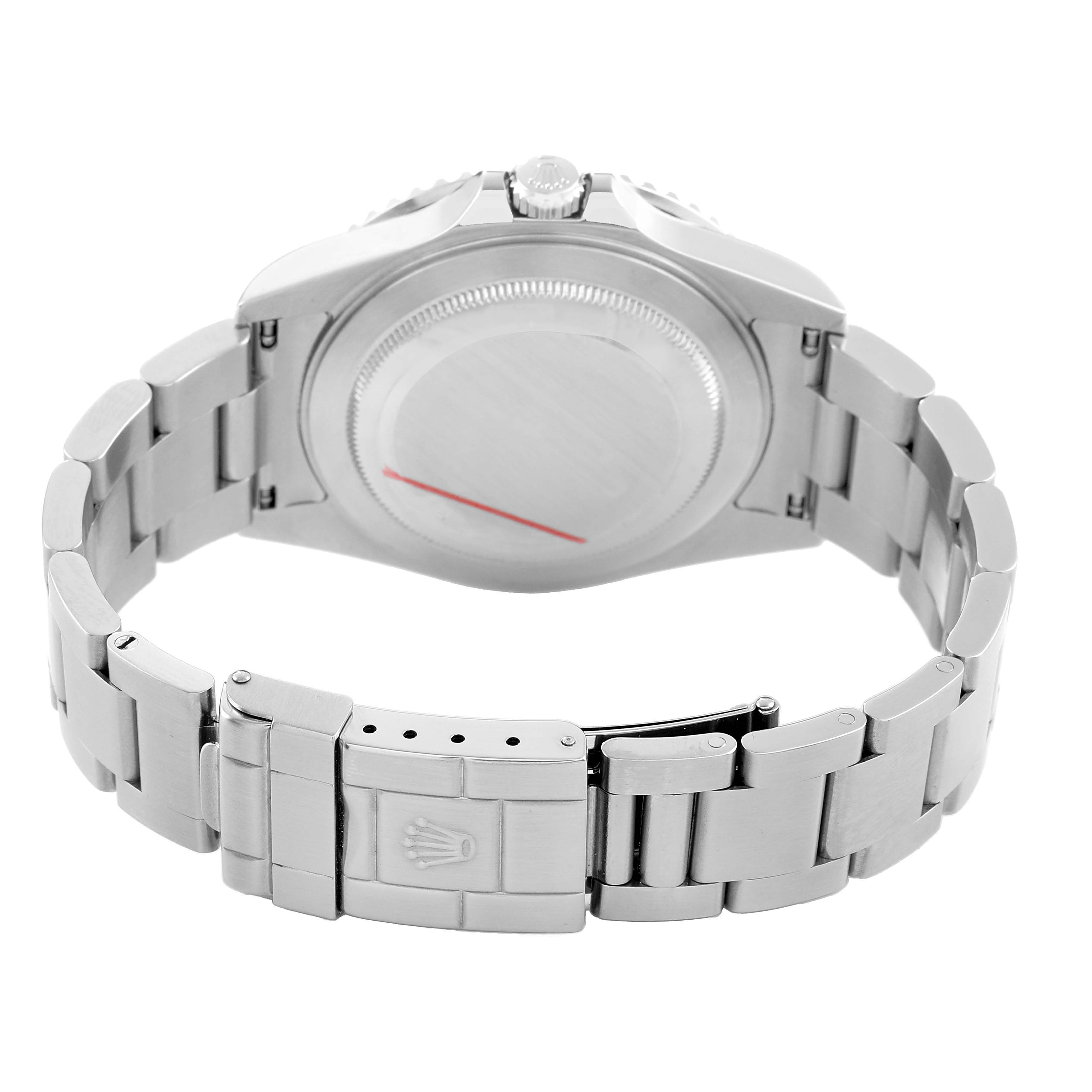 The Rolex GMT-Master 16710 Men's Stainless Steel Black Dial watch is shown from the back, featuring the case back, crown, bracelet, and clasp.