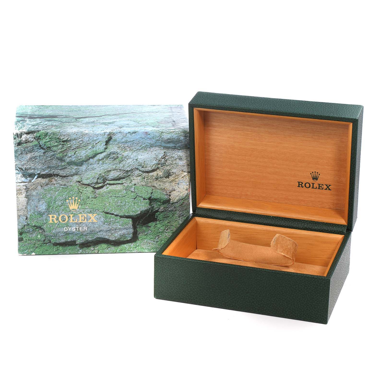 The image shows a Rolex GMT-Master 16710 Men's Stainless Steel Black Dial watch box set, featuring an open green outer box and a wooden inner box.