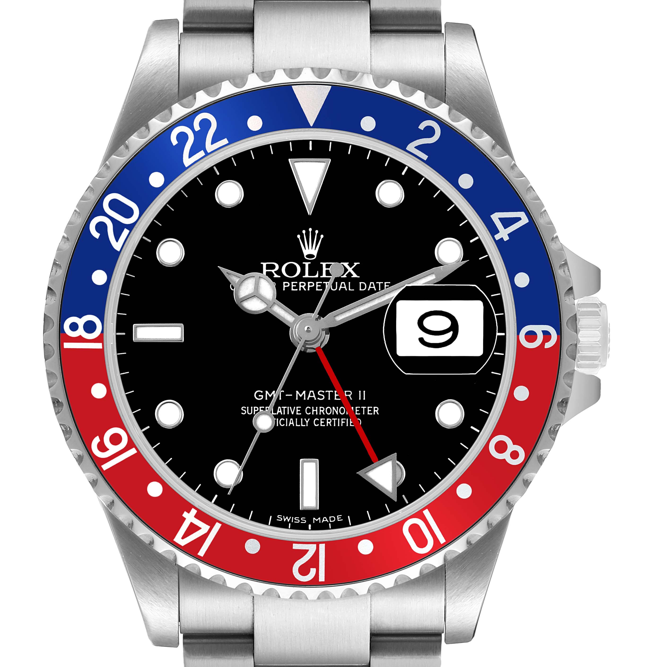 The Rolex GMT-Master 16710 Men's Stainless Steel Black Dial watch is shown from the front, displaying its bezel, dial, and crown.