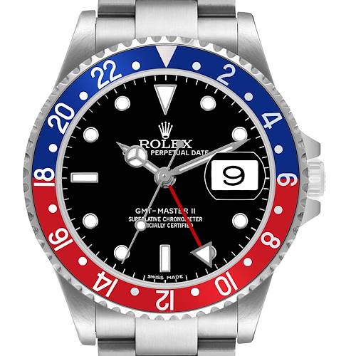 The Rolex GMT-Master 16710 Men's Stainless Steel Black Dial model is shown from a top-down angle, highlighting the bezel, dial, hands, and partially visible bracelet.