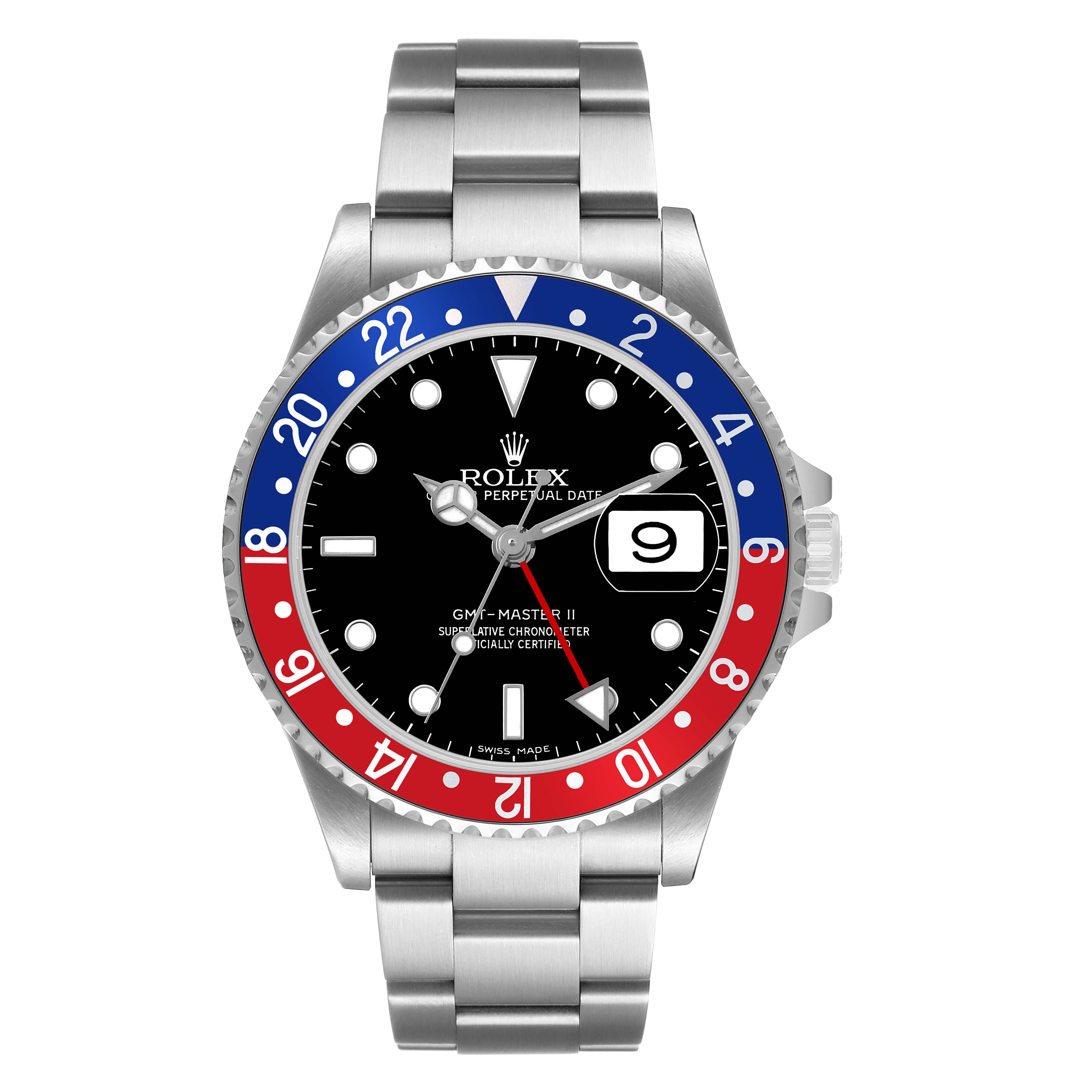 The Rolex GMT-Master 16710 Men's Stainless Steel Black Dial watch is shown from the front, displaying the bezel, dial, bracelet, and date window.