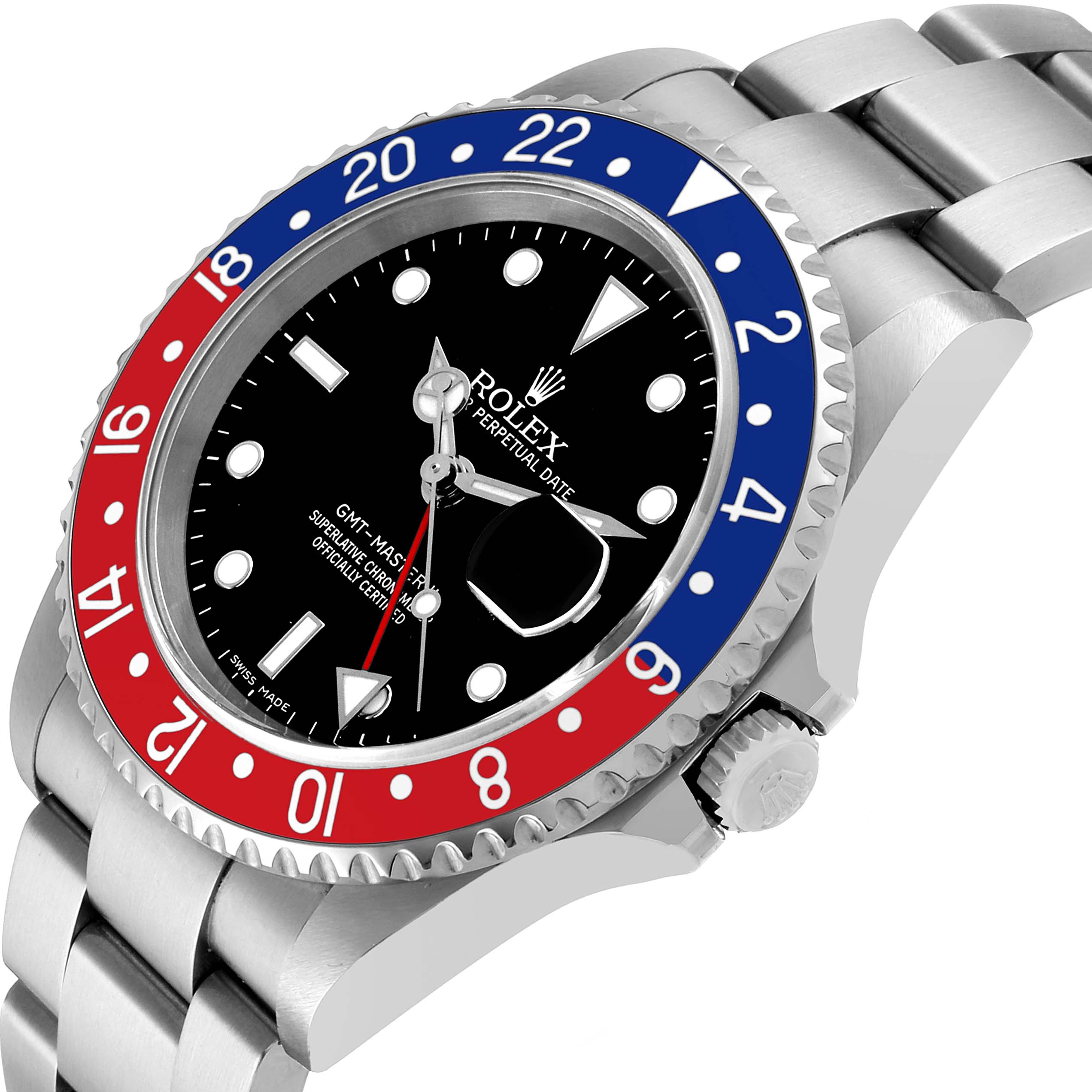 The Rolex GMT-Master 16710 Men's Stainless Steel Black Dial watch is shown at an angled side view, highlighting its bezel, dial, and bracelet.