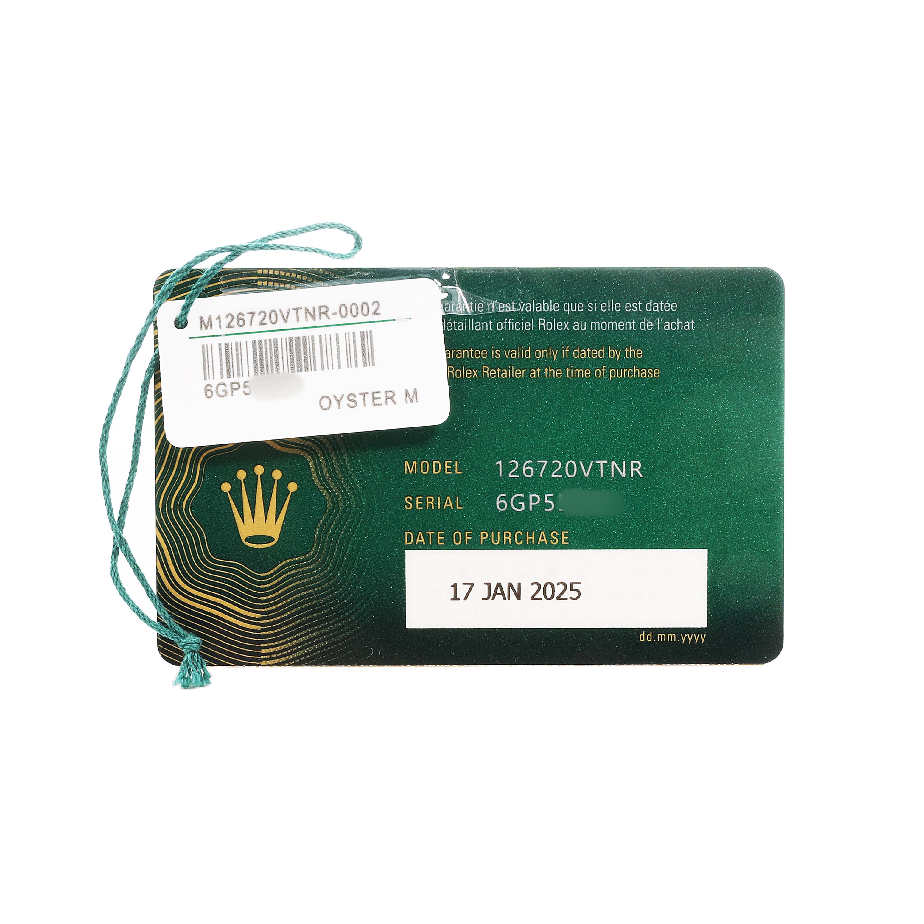 The image shows a Rolex authenticity card for the GMT-Master model, displaying serial and model numbers with a date of purchase.