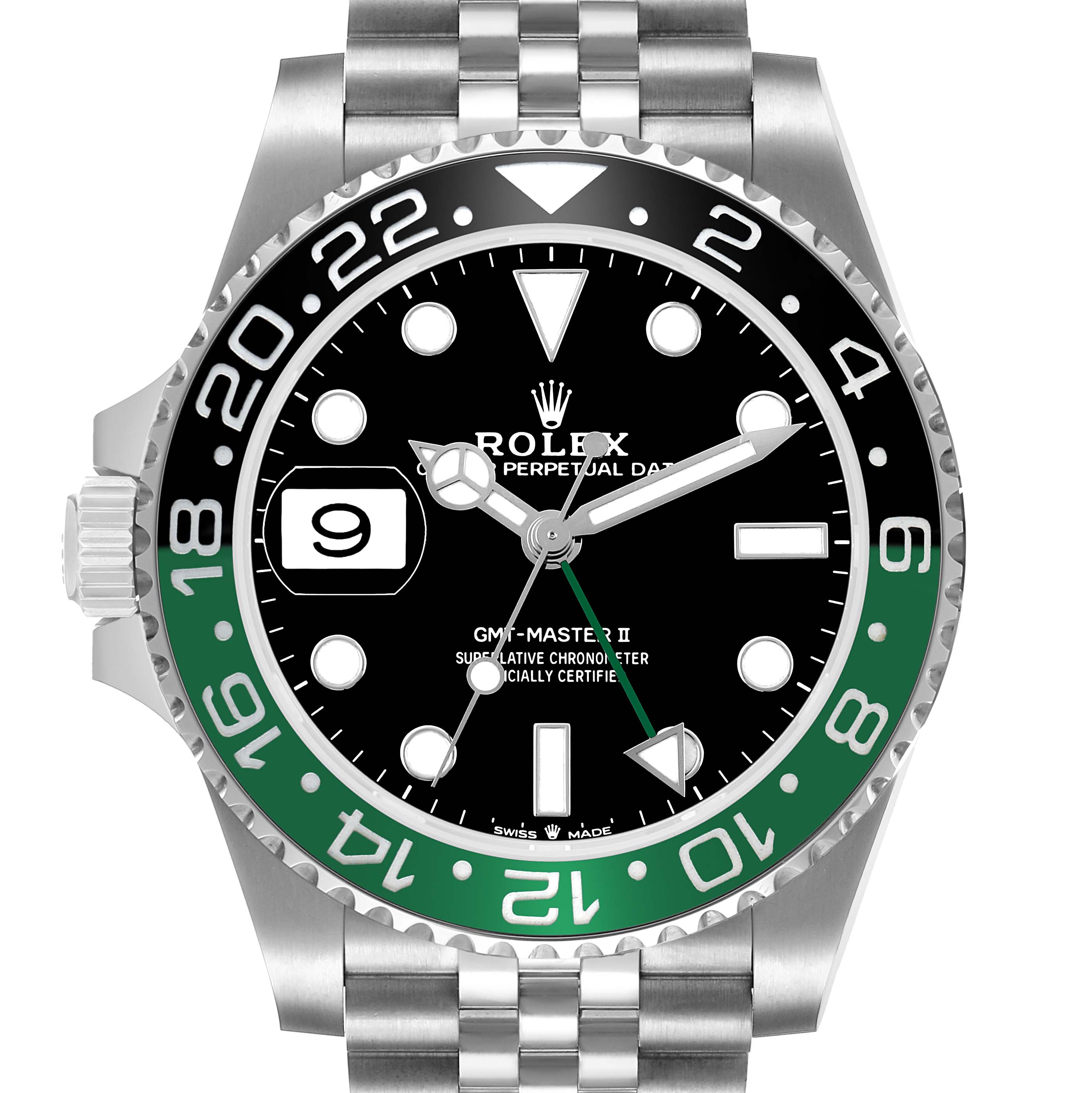 The Rolex GMT-Master 126720VTNR Men's Stainless Steel Black Dial II watch is shown from the front, highlighting the bezel, dial, hands, crown, and bracelet.