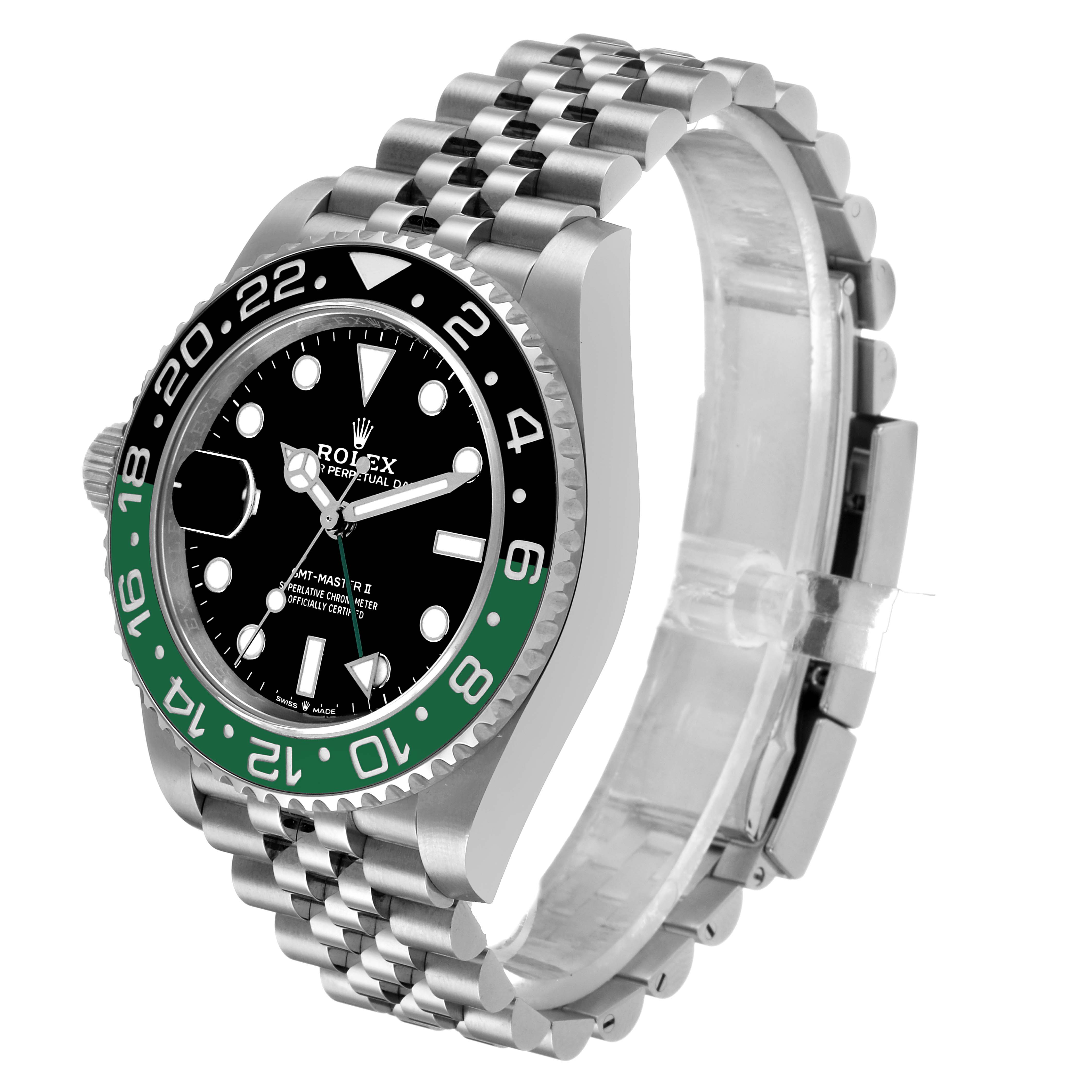 The image shows a side angle of the Rolex GMT-Master 126720VTNR Men's Stainless Steel Black Dial watch, highlighting the bezel, dial, and Jubilee bracelet.