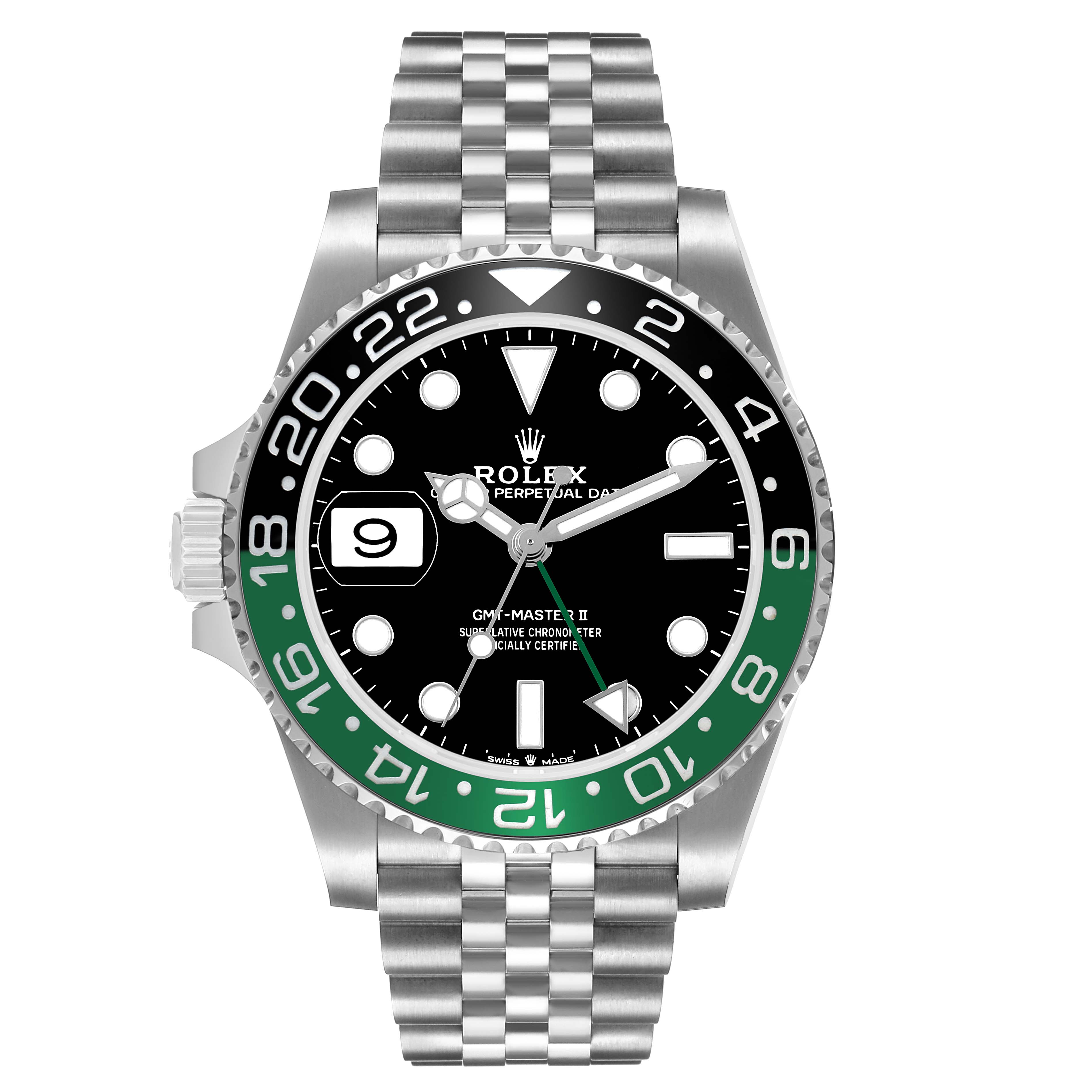 The Rolex GMT-Master 126720VTNR Men's Stainless Steel Black Dial watch is shown from the front, displaying the dial, bezel, and bracelet.