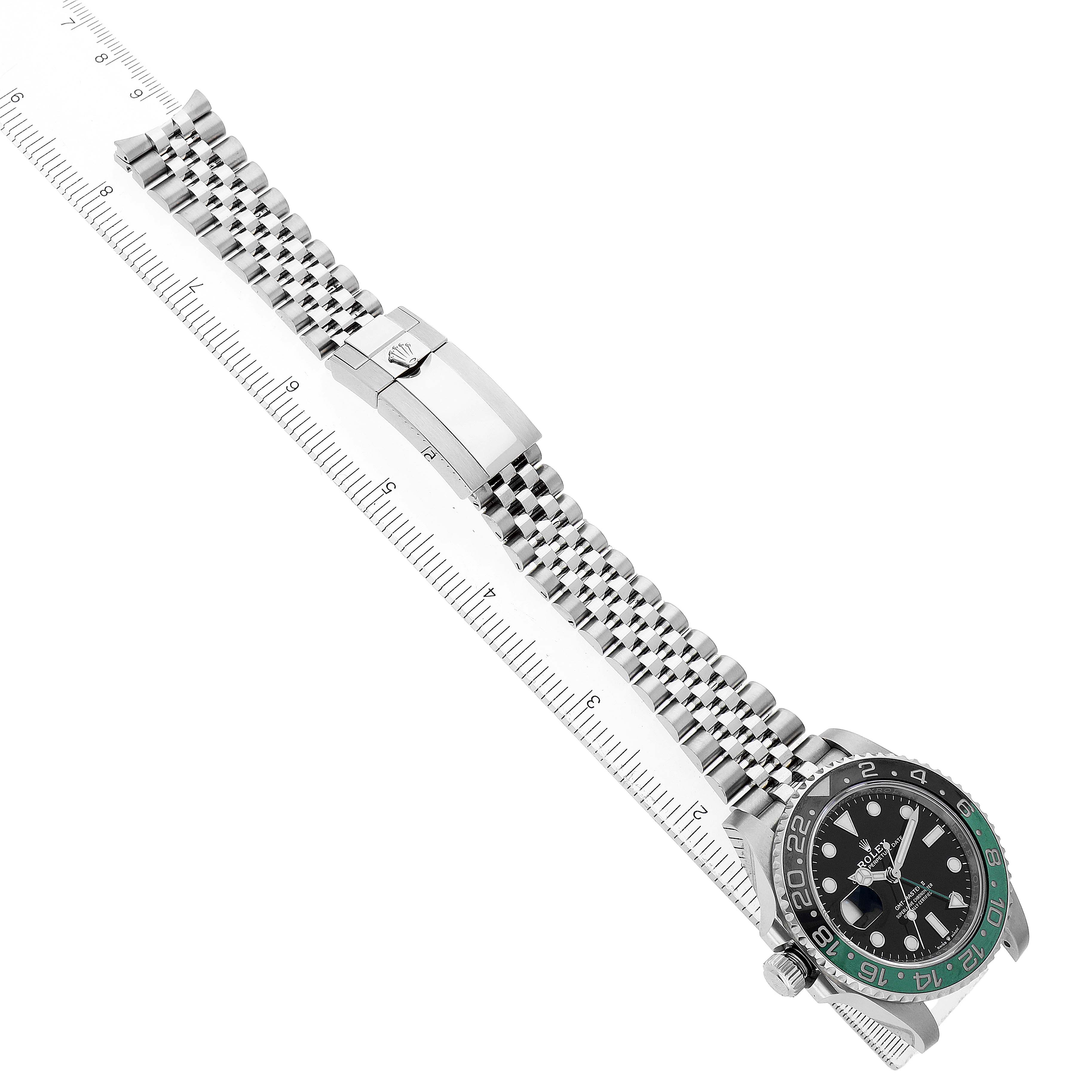 The Rolex GMT-Master 126720VTNR Men's Stainless Steel Black Dial watch is displayed diagonally, showing the face, bezel, and full bracelet with a clasp.