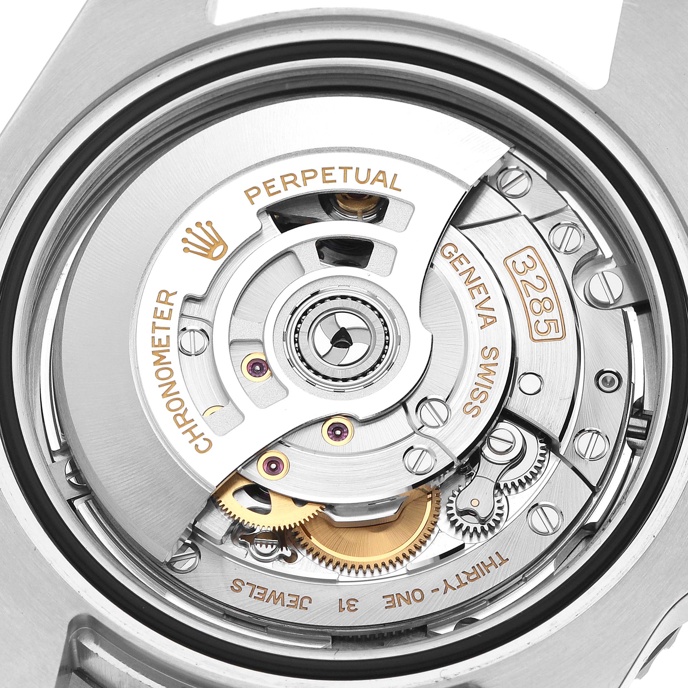 The image shows a detailed view of the movement of a Rolex GMT-Master 126720VTNR Men's Stainless Steel Black Dial, highlighting the rotor and gears.