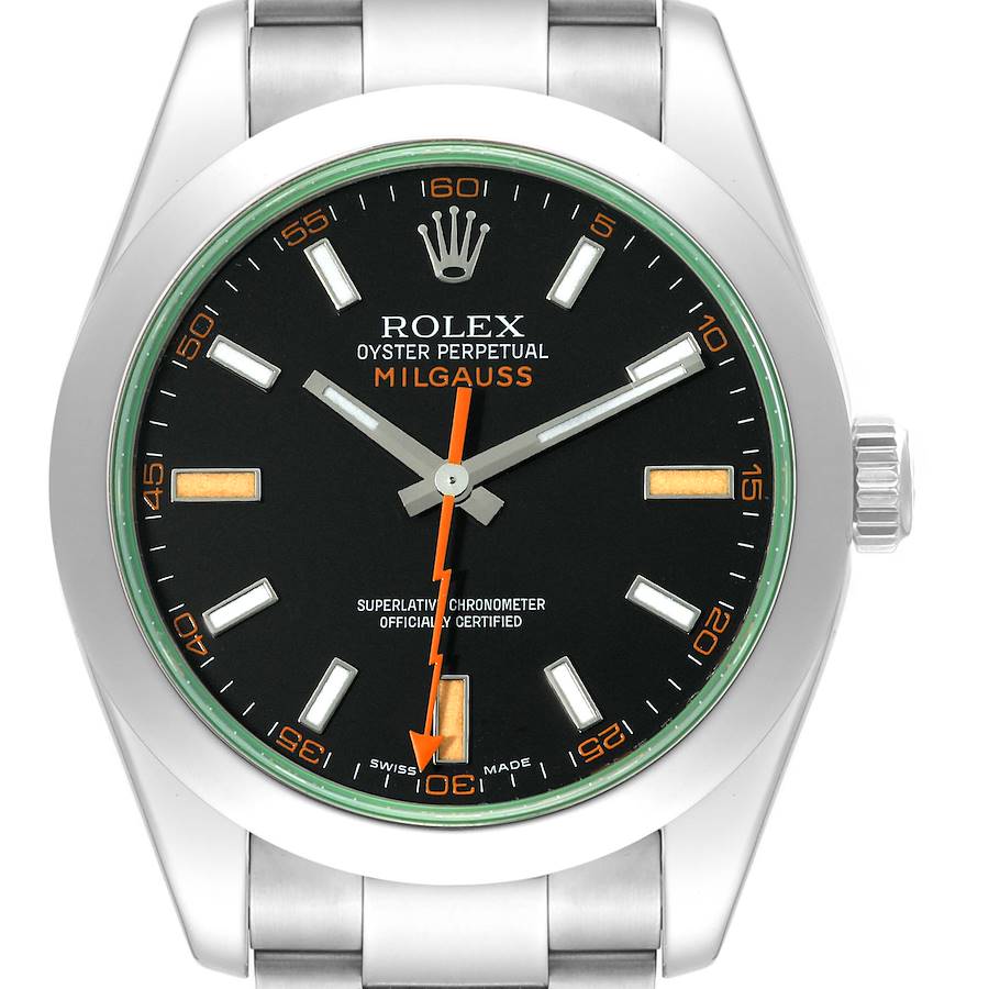 Rolex Milgauss Black Dial Green Crystal Steel Mens Watch 116400 SwissWatchExpo