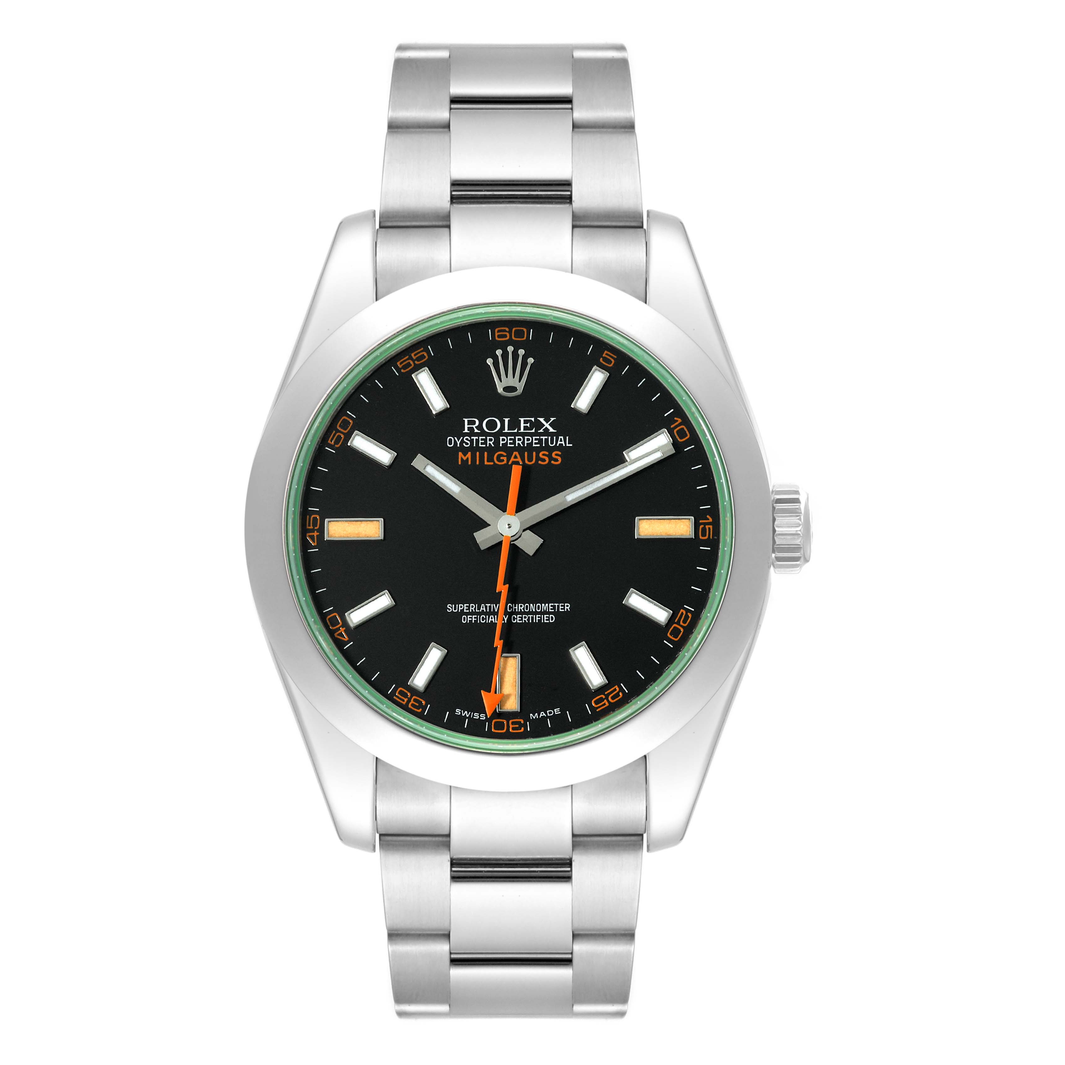 This is a front view of a Rolex Milgauss 116400GV Men's Stainless Steel Black Dial 116400GV Men's Stainless Steel Black Dial watch showing the dial, hands, crown, and the bracelet.