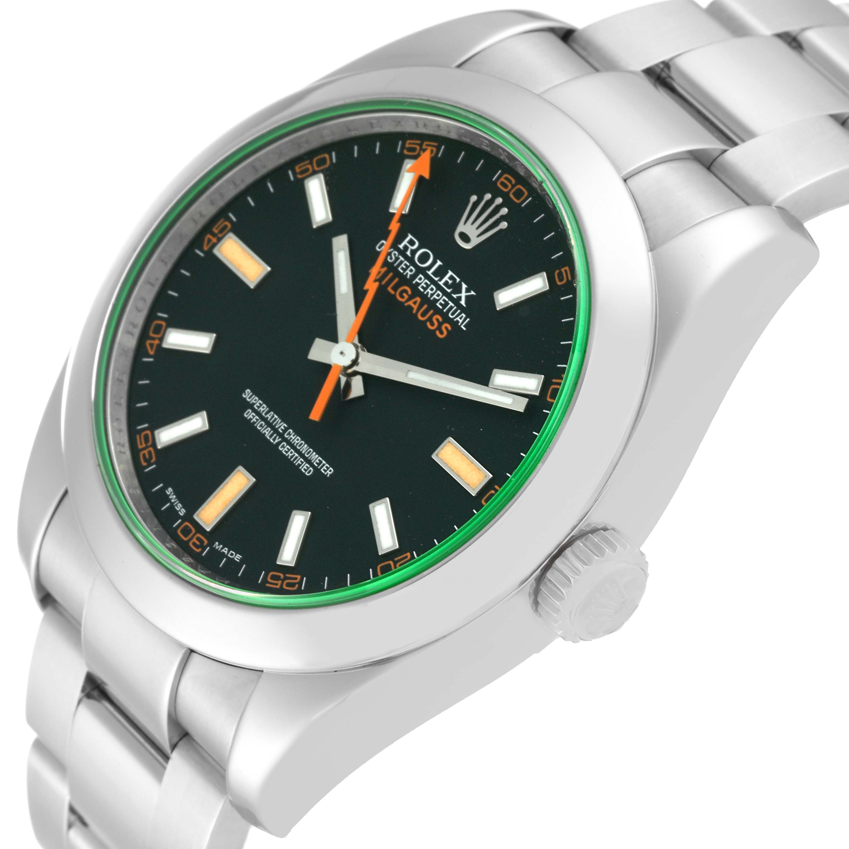 The Rolex Milgauss 116400GV Men's Stainless Steel Black Dial 116400GV Men's Stainless Steel Black Dial watch is shown from an angled side view, displaying the face, bezel, case, and part of the bracelet.