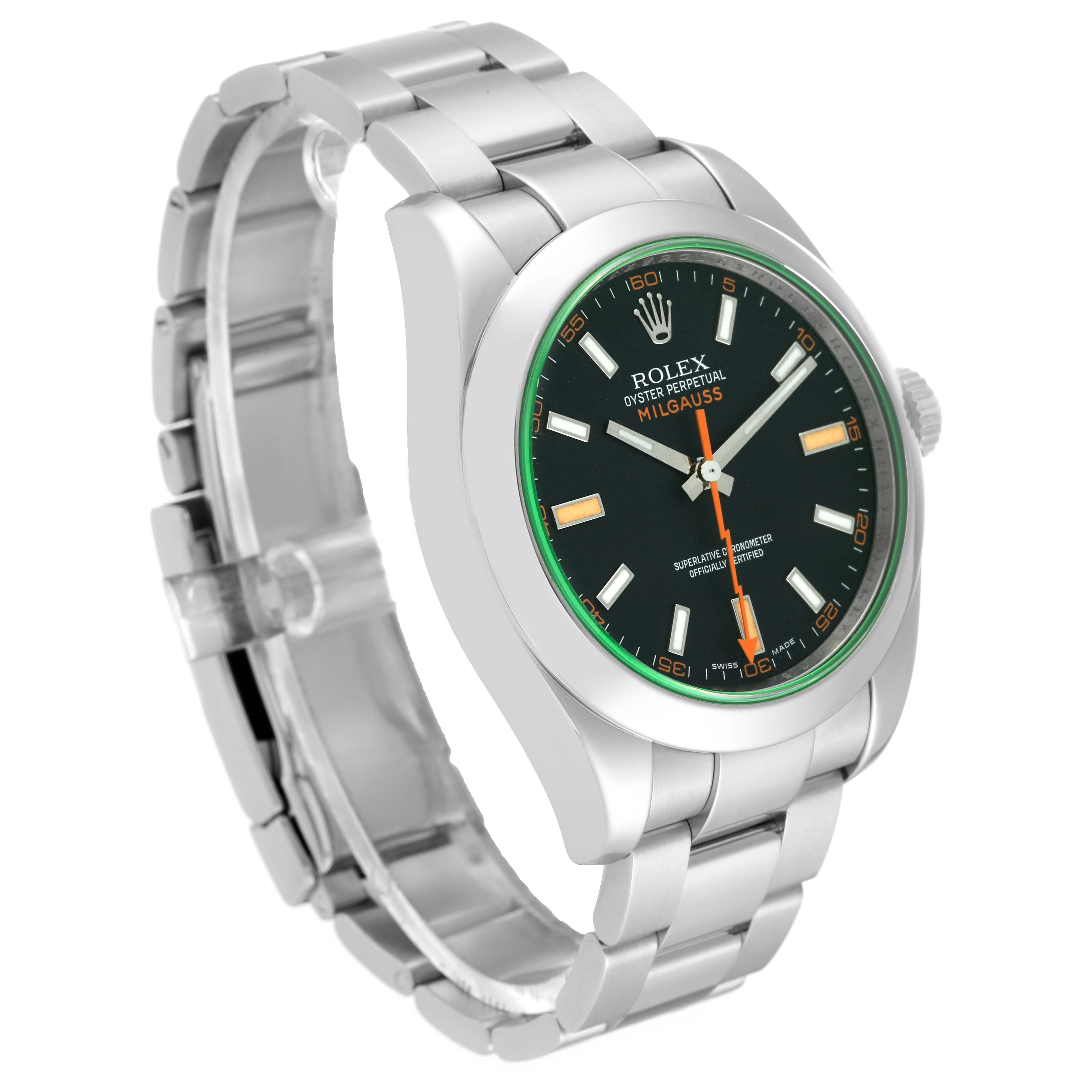 Side angle view of a Rolex Milgauss 116400GV Men's Stainless Steel Black Dial 116400GV Men's Stainless Steel Black Dial watch, showcasing its stainless steel bracelet and green-tinted black dial.