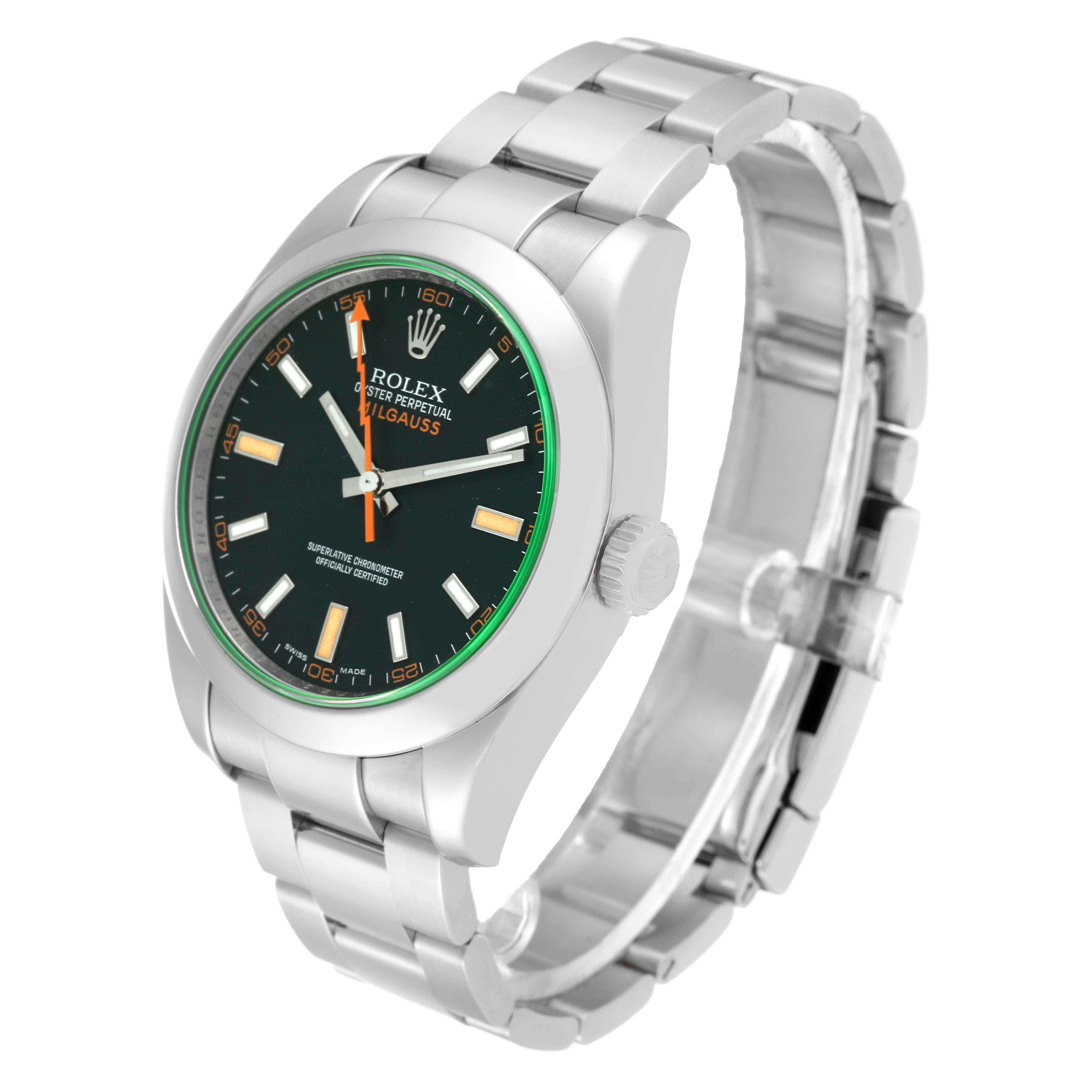 The image shows a Rolex Milgauss 116400GV Men's Stainless Steel Black Dial 116400GV Men's Stainless Steel Black Dial watch at a three-quarter angle, highlighting its face, bezel, and bracelet.