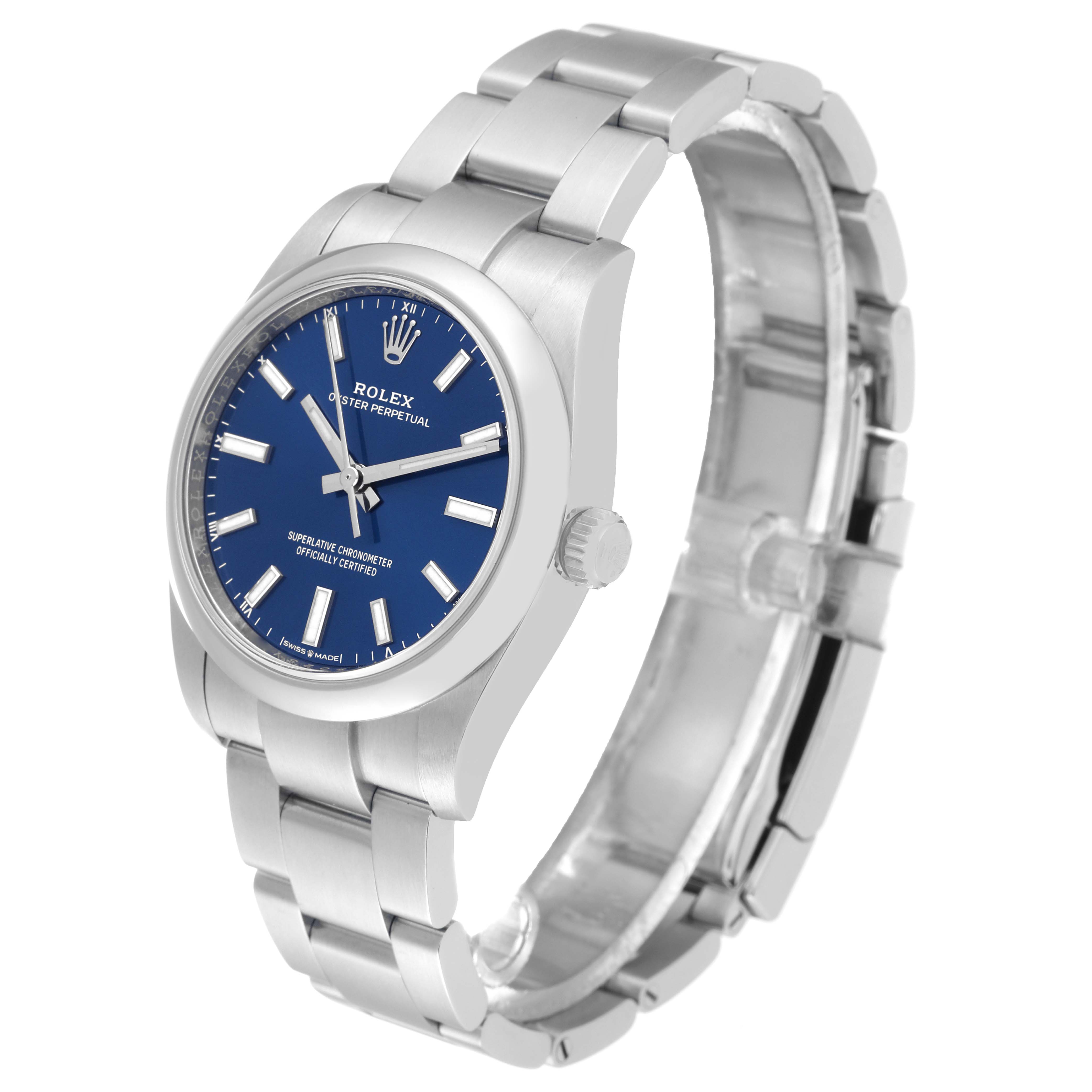 The image shows a Rolex Oyster Perpetual 124200 Men
s Stainless Steel Blue Dial 124200 Men
s Stainless Steel Blue Dial watch at a three-quarter angle, highlighting its blue dial, bracelet, and crown.