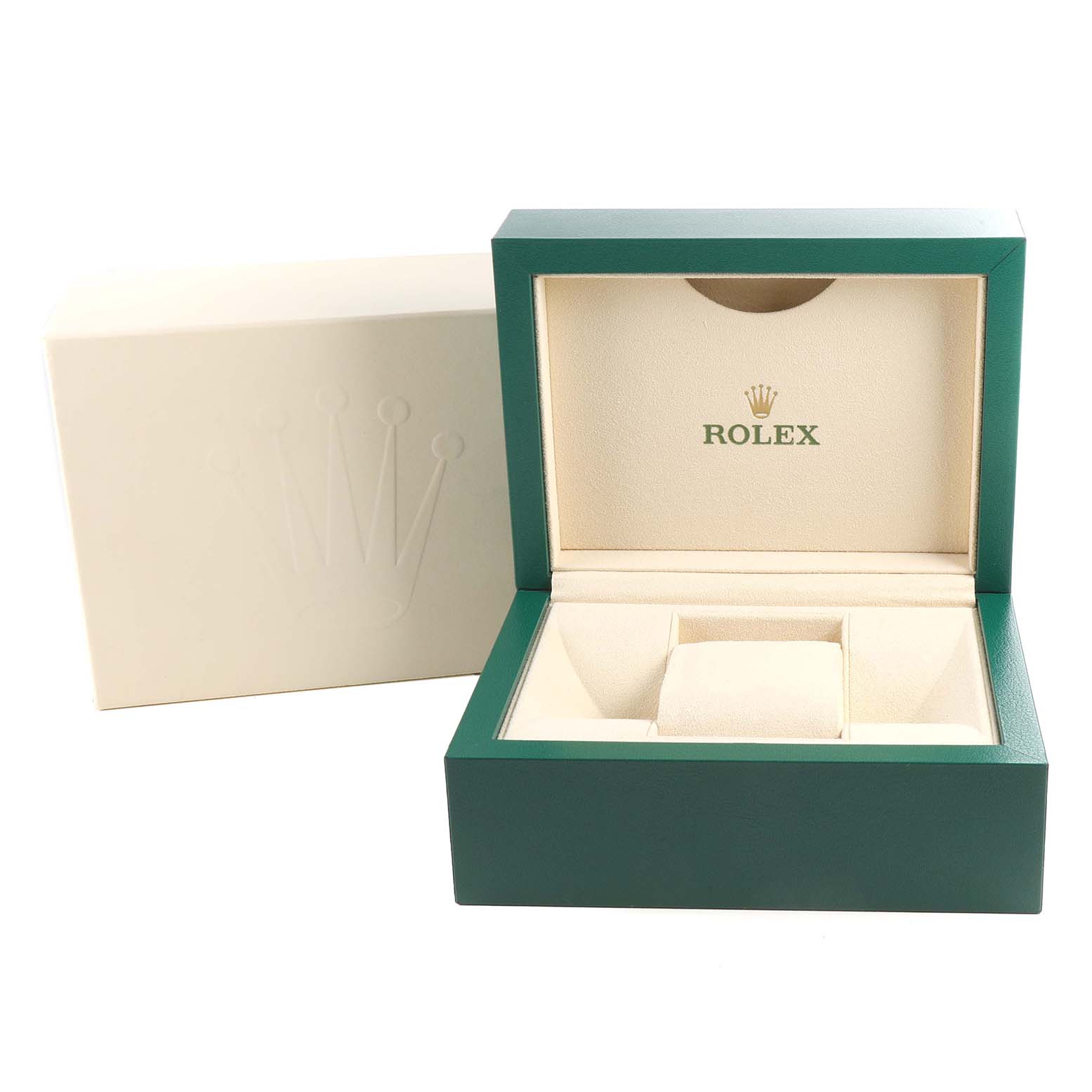 The image shows a green Rolex Oyster Perpetual 124200 Men
s Stainless Steel Blue Dial 124200 Men
s Stainless Steel Blue Dial watch box and an outer beige box with the Rolex logo.