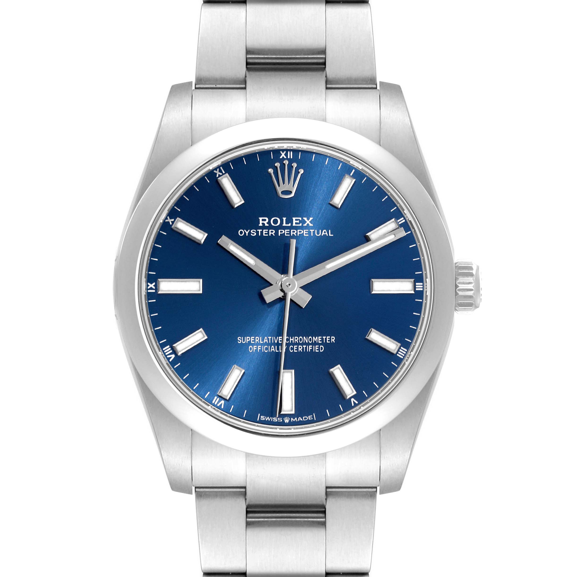 This image shows a front view of a Rolex Oyster Perpetual 124200 Men
s Stainless Steel Blue Dial 124200 Men
s Stainless Steel Blue Dial watch, highlighting its blue dial and metal bracelet.
