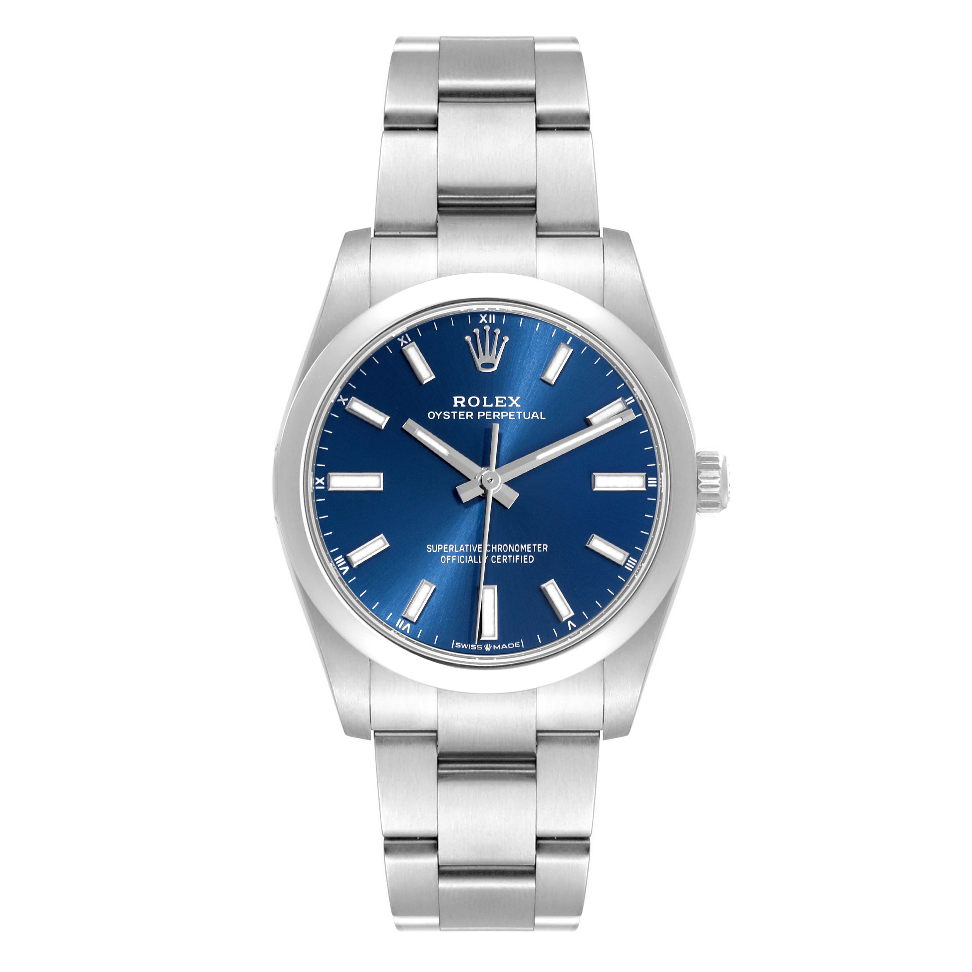 This image shows a frontal view of a Rolex Oyster Perpetual 124200 Men
s Stainless Steel Blue Dial 124200 Men
s Stainless Steel Blue Dial watch featuring its face, bezel, and bracelet.