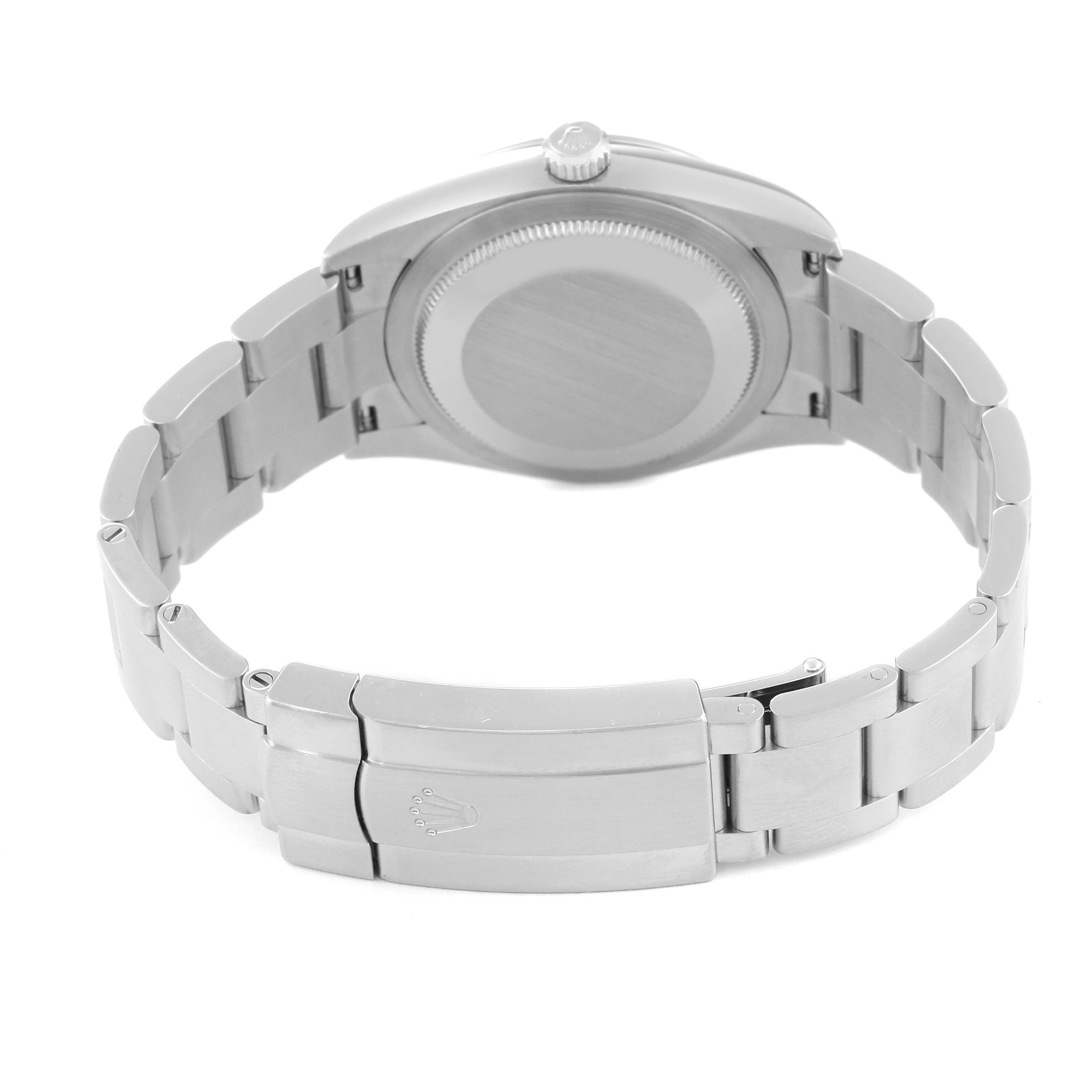 The image shows the back view of a Rolex Oyster Perpetual 124200 Men
s Stainless Steel Blue Dial 124200 Men
s Stainless Steel Blue Dial watch, featuring the case back and the closed clasp of the bracelet.